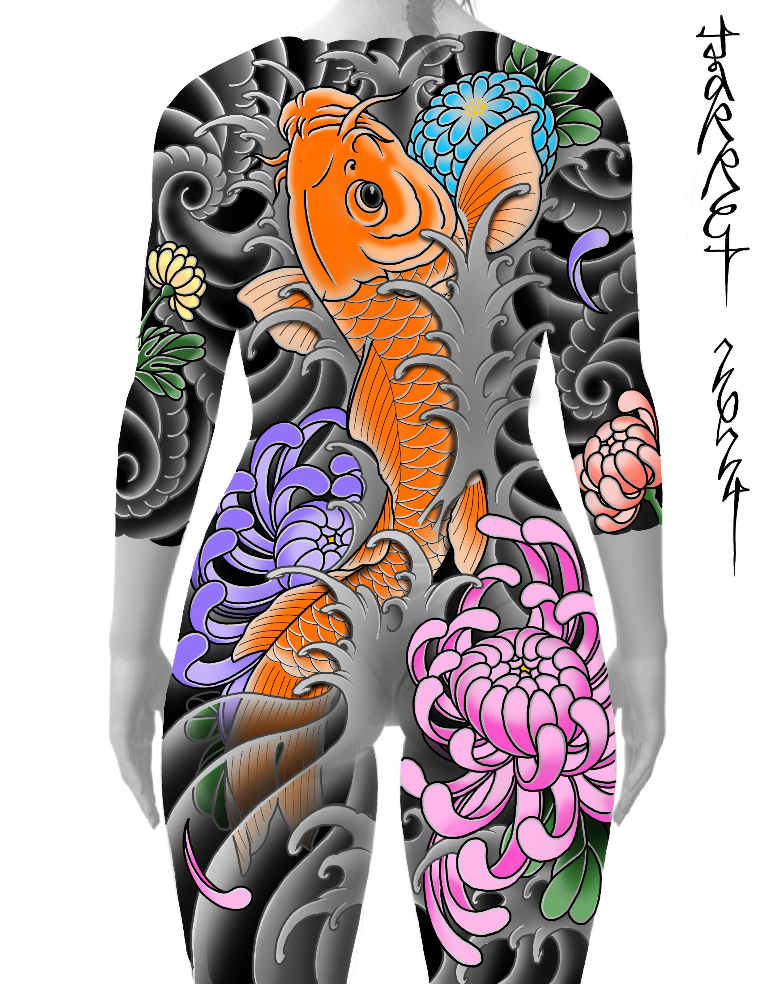 Tattoo of a koi fish and chrysanthemums on a person's back and legs, with black swirling background and Japanese calligraphy on the right side.