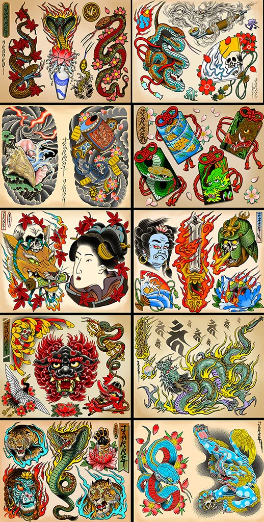 A collage of traditional Japanese tattoo designs featuring dragons, skulls, samurai figures, tigers, snakes, lions, and mythical creatures with vibrant colors and intricate details.