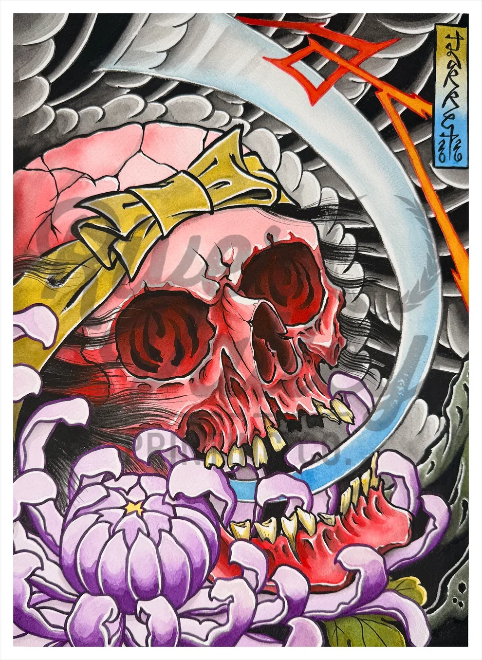 A vibrant illustration featuring a pink skull with dark eye sockets and sharp teeth, surrounded by purple flowers and green leaves. A yellow ribbon is draped over the skull. Swirling black and gray patterns fill the background, with red and blue streaks crossing the scene.