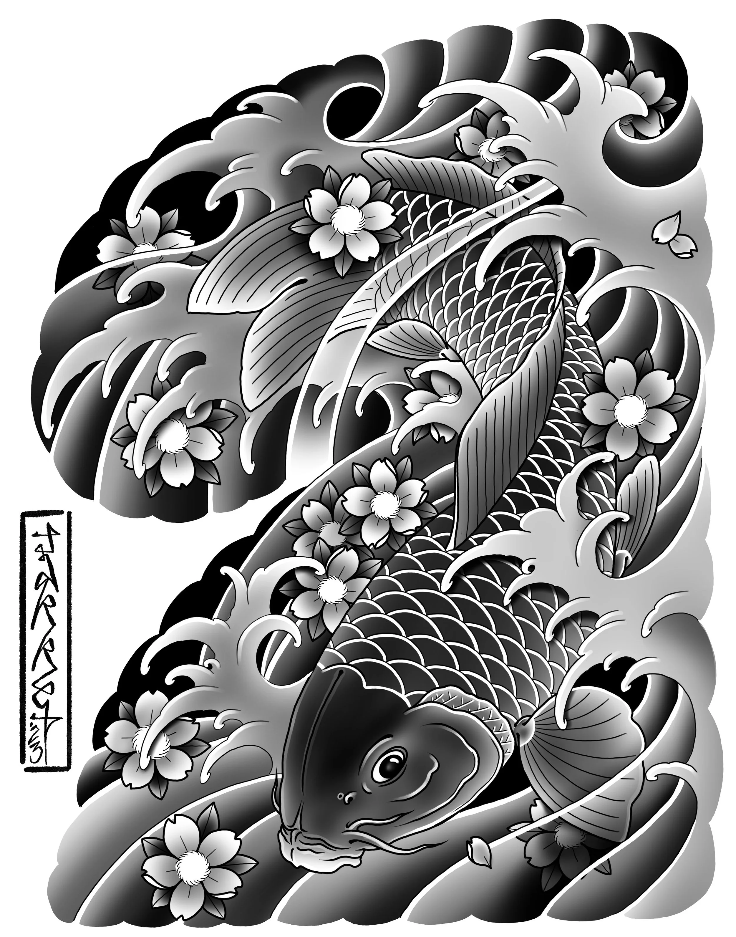Black and white illustration of a koi fish swimming among water waves and cherry blossom flowers.