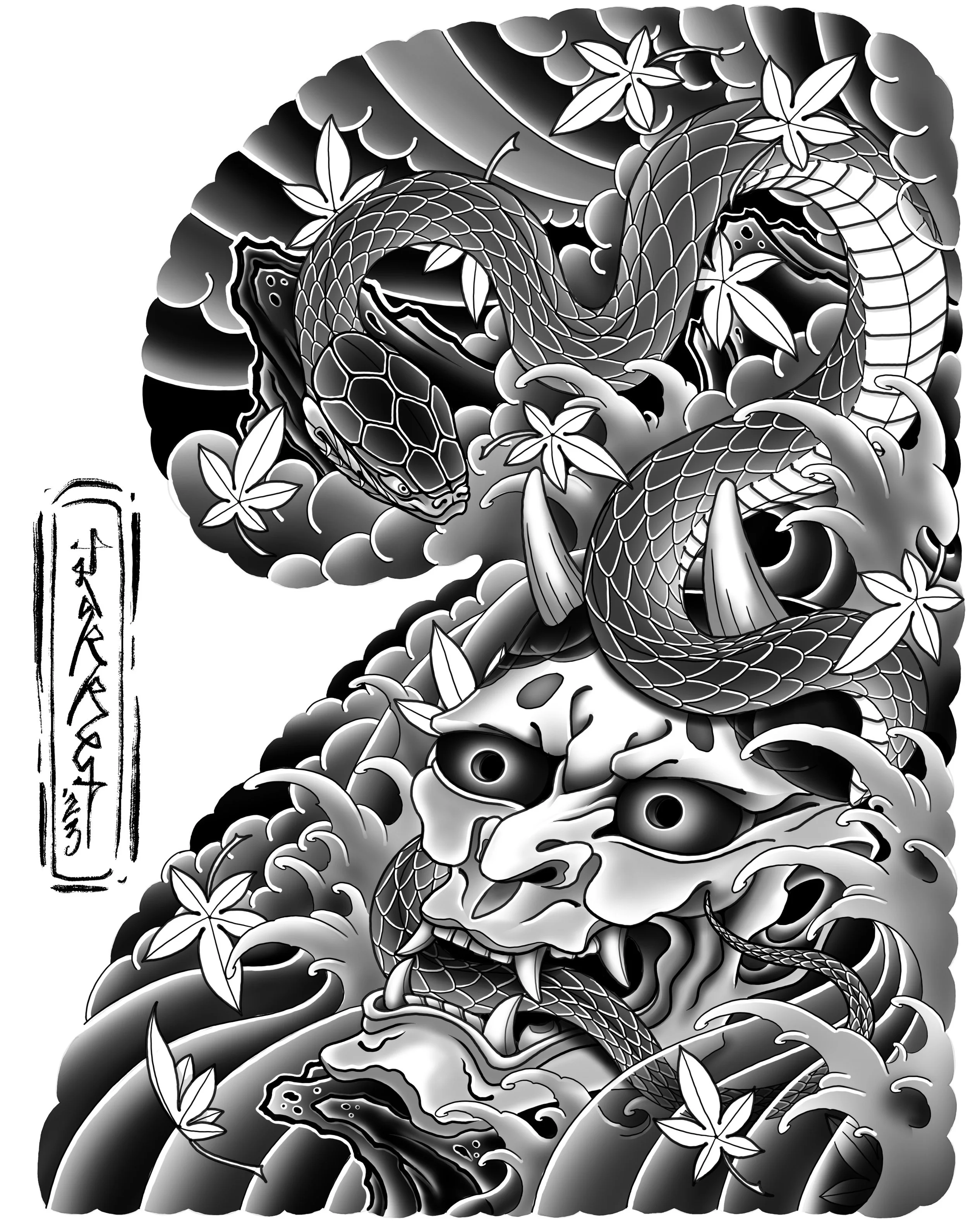 A black and white traditional Japanese tattoo design featuring a fierce demon mask with a serpent intertwined around it, surrounded by stylized clouds and maple leaves.