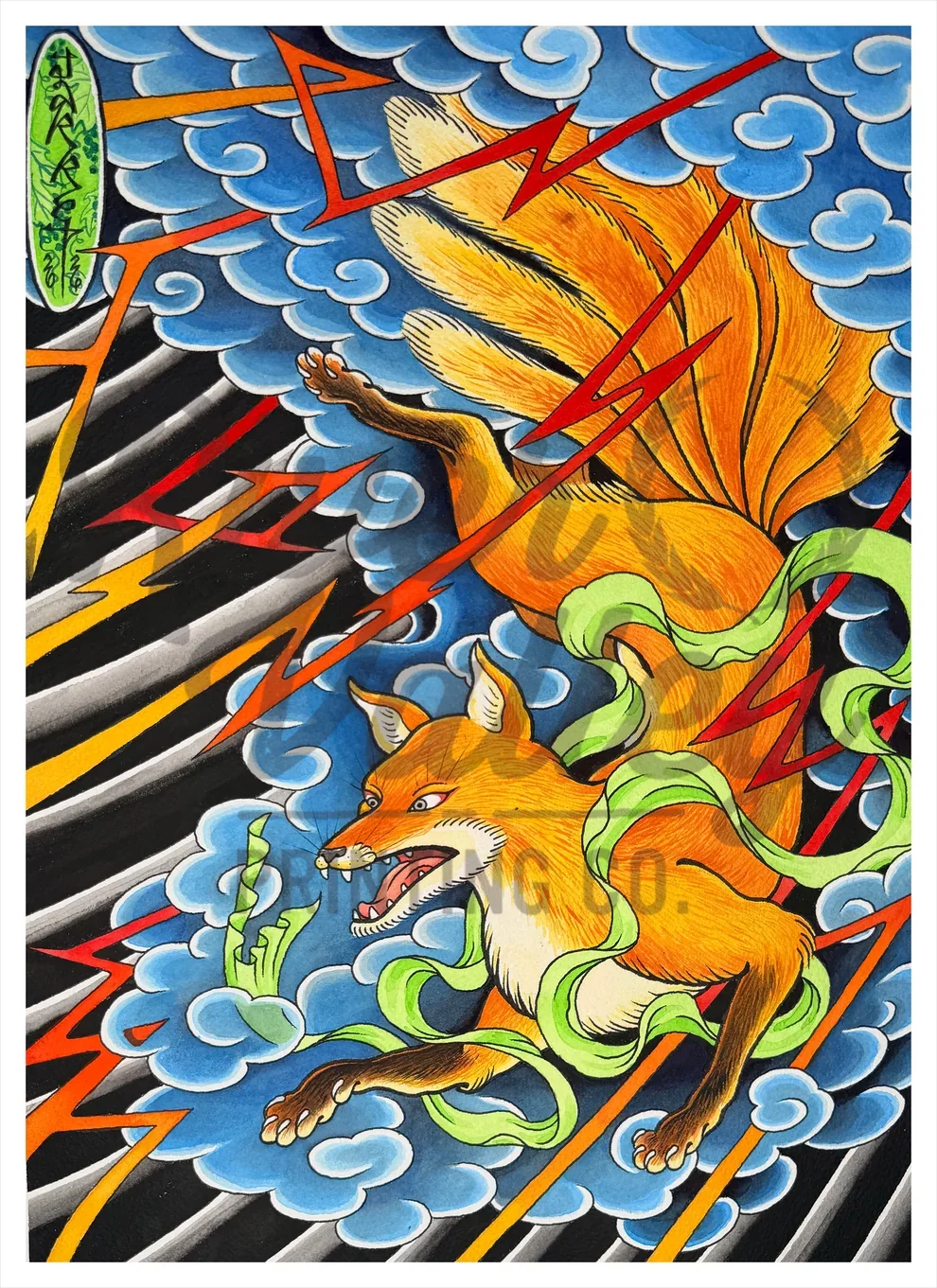 Colorful tattoo-style illustration of a snarling fox with orange fur and white cheeks surrounded by green vines and blue clouds, with red and yellow lightning bolts in the background.