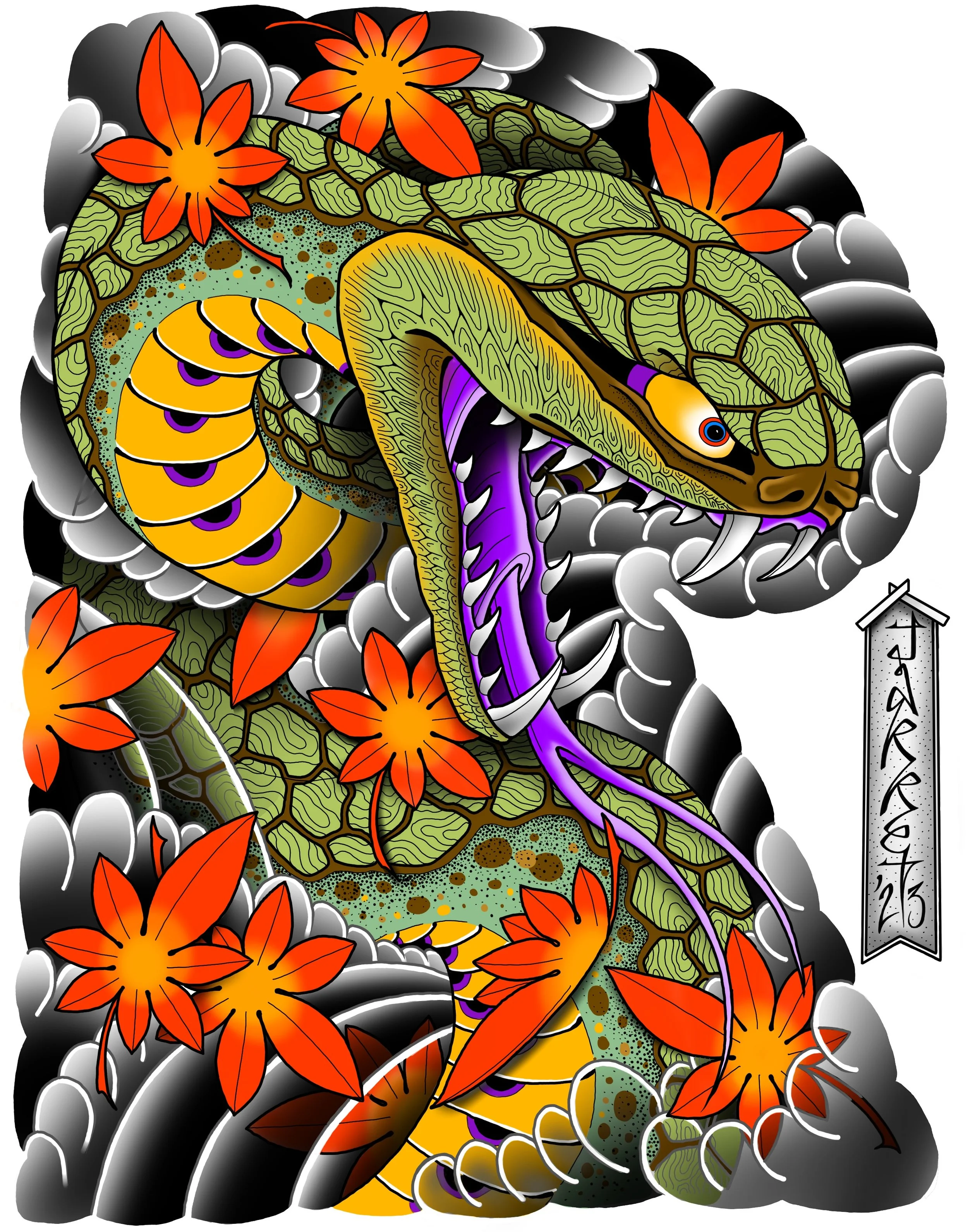 A colorful illustration of a snake with green, purple, and yellow patterns resting among orange flowers and black and white clouds.