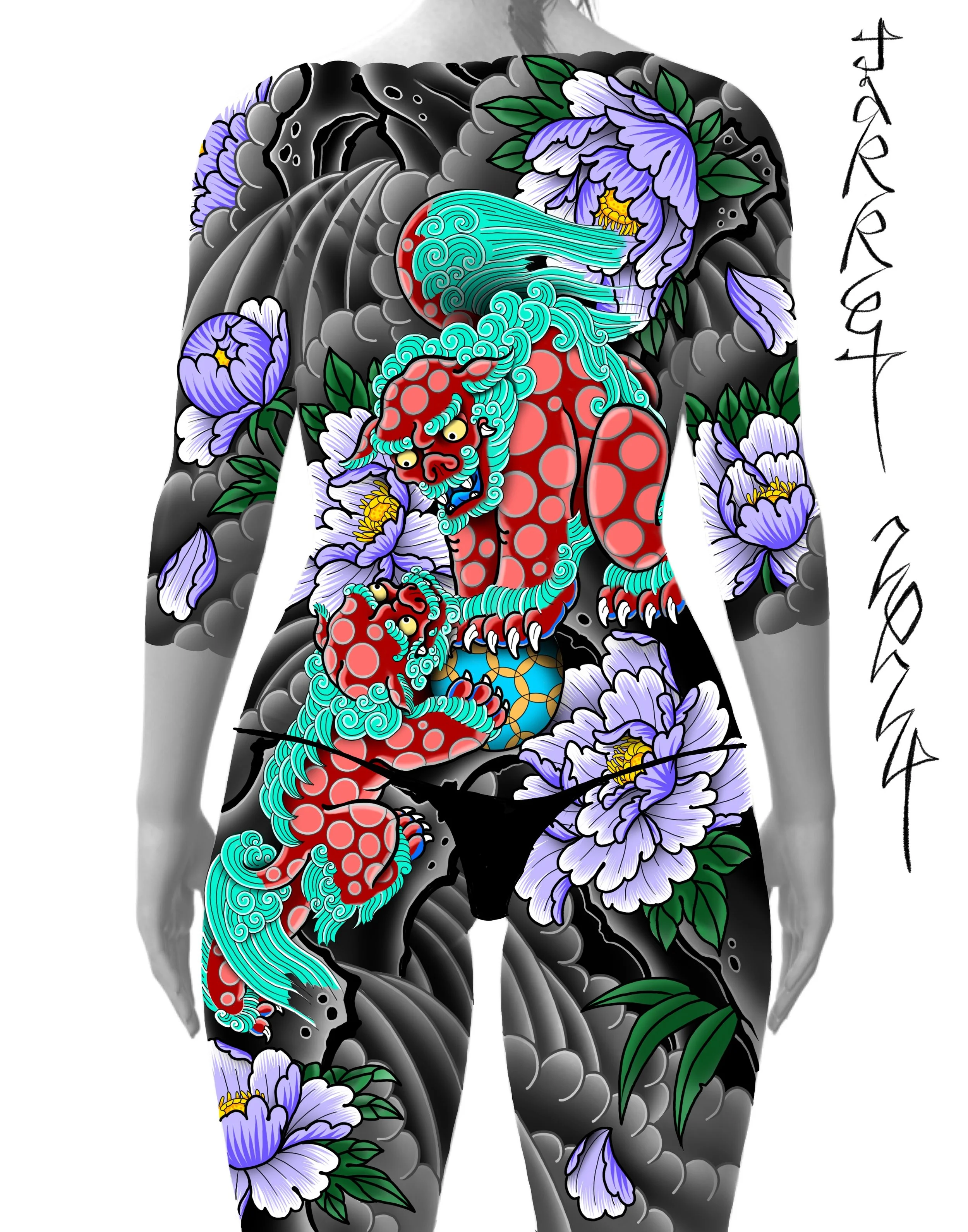 A tattoo of a Japanese-inspired design featuring a red and teal dragon surrounded by purple flowers with green leaves, arranged on a person's torso and arms.