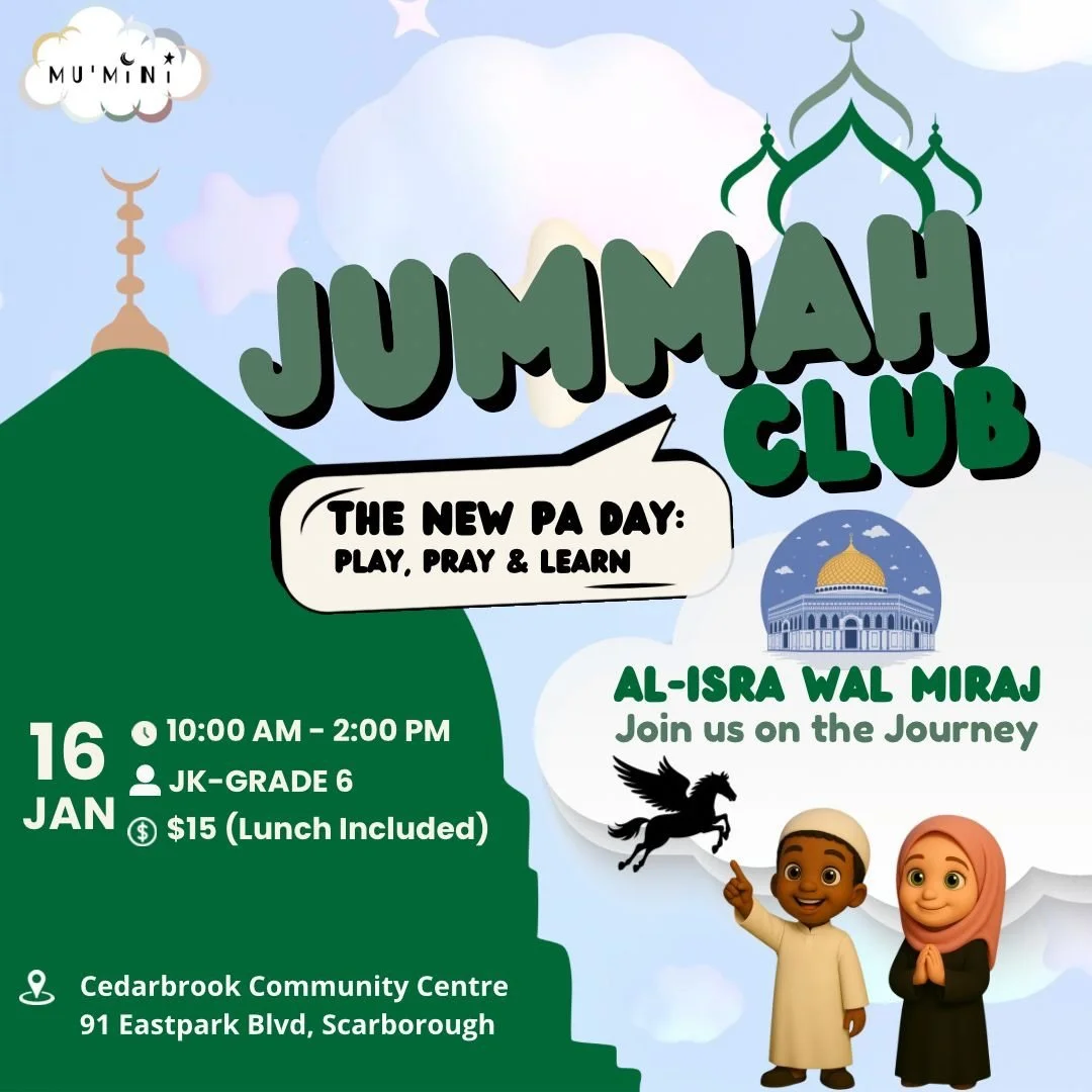 🌙 Jummah Club is Back! 🌙

Join us as we take our children on a beautiful journey through Al-Isra wal Mi&lsquo;raj.

✨ Program Highlights:
&bull; Engaging storytelling
&bull; Fun crafts &amp; games
&bull; Jummah Salah

📅 Friday, January 16
🕙 10:00