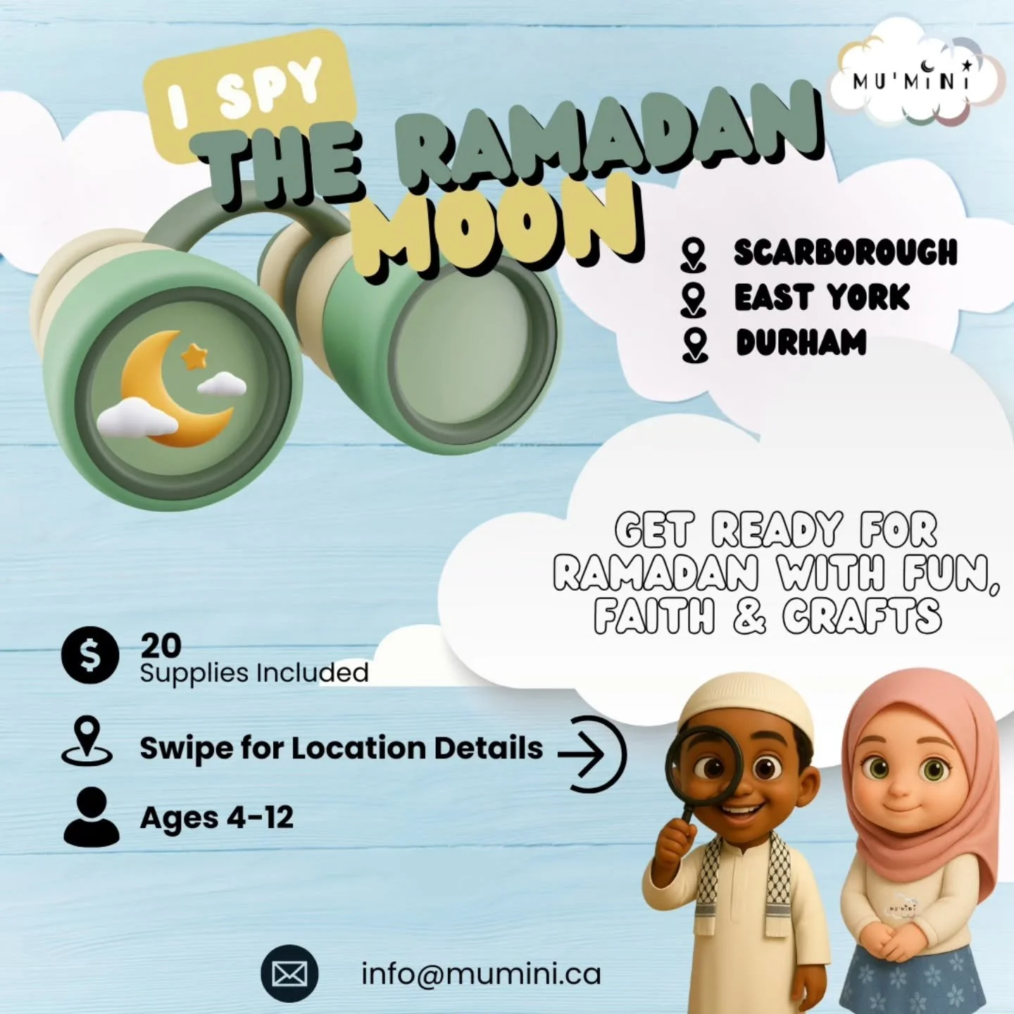 🌙✨ I Spy the Ramadan Moon! ✨🌙
Get your little ones Ramadan-ready with a hands-on workshop full of faith, fun, and creative crafts 💛

🔍 Children will explore the meaning of Ramadan through play, storytelling, and art &mdash; all in a nurturing, ag