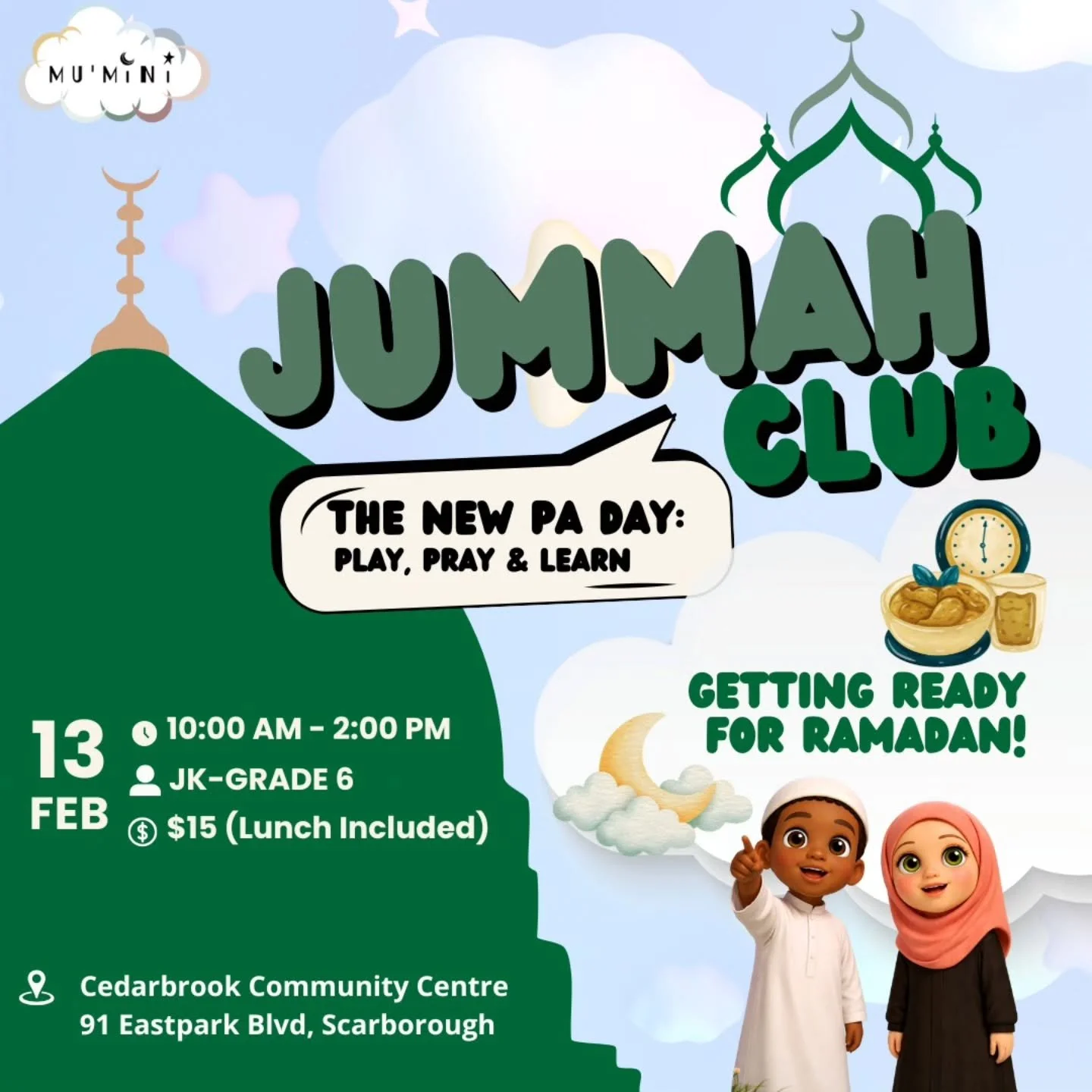 Registration is officially OPEN! 🎉
Jummah Club is back &mdash; the same fun, meaningful play, pray &amp; learn experience your Mu'Minis love 💚
What&rsquo;s new? 👀
We&rsquo;ve launched a new &amp; improved registration system to make signing up eas