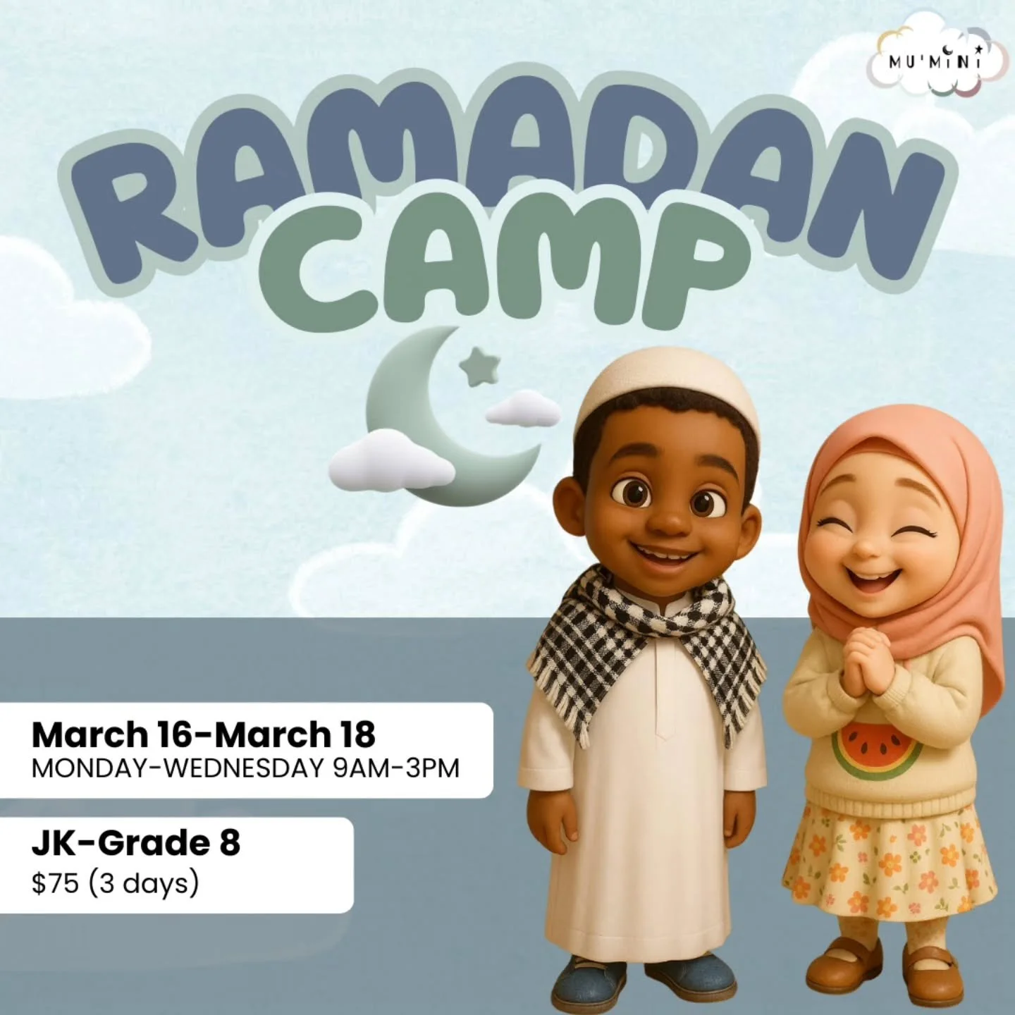 🌙✨ 4th Annual Ramadan Camp &ndash; March Break! ✨🌙

Alhamdulillah, our Ramadan Camp is back for its 4th year! Join us during the last week of Ramadan for a special 3 days of learning, creativity, and Eid preparation.

📅 March 16&ndash;18 (Monday&n
