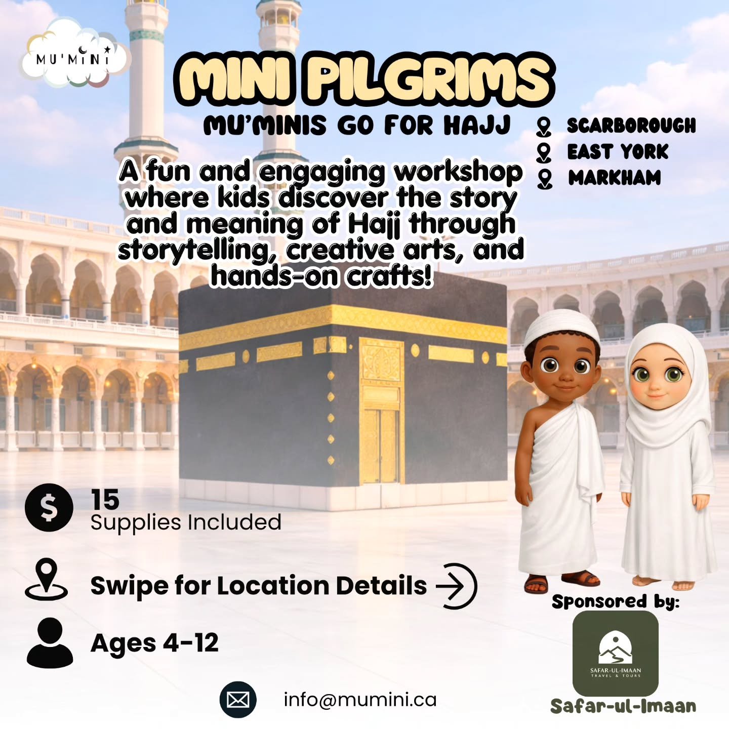A fun and meaningful workshop where children discover the story and significance of Hajj through storytelling, creative arts, and hands-on activities ✨

🚫 This is NOT a Hajj simulation
✨ Instead, we focus on helping children understand the meaning o