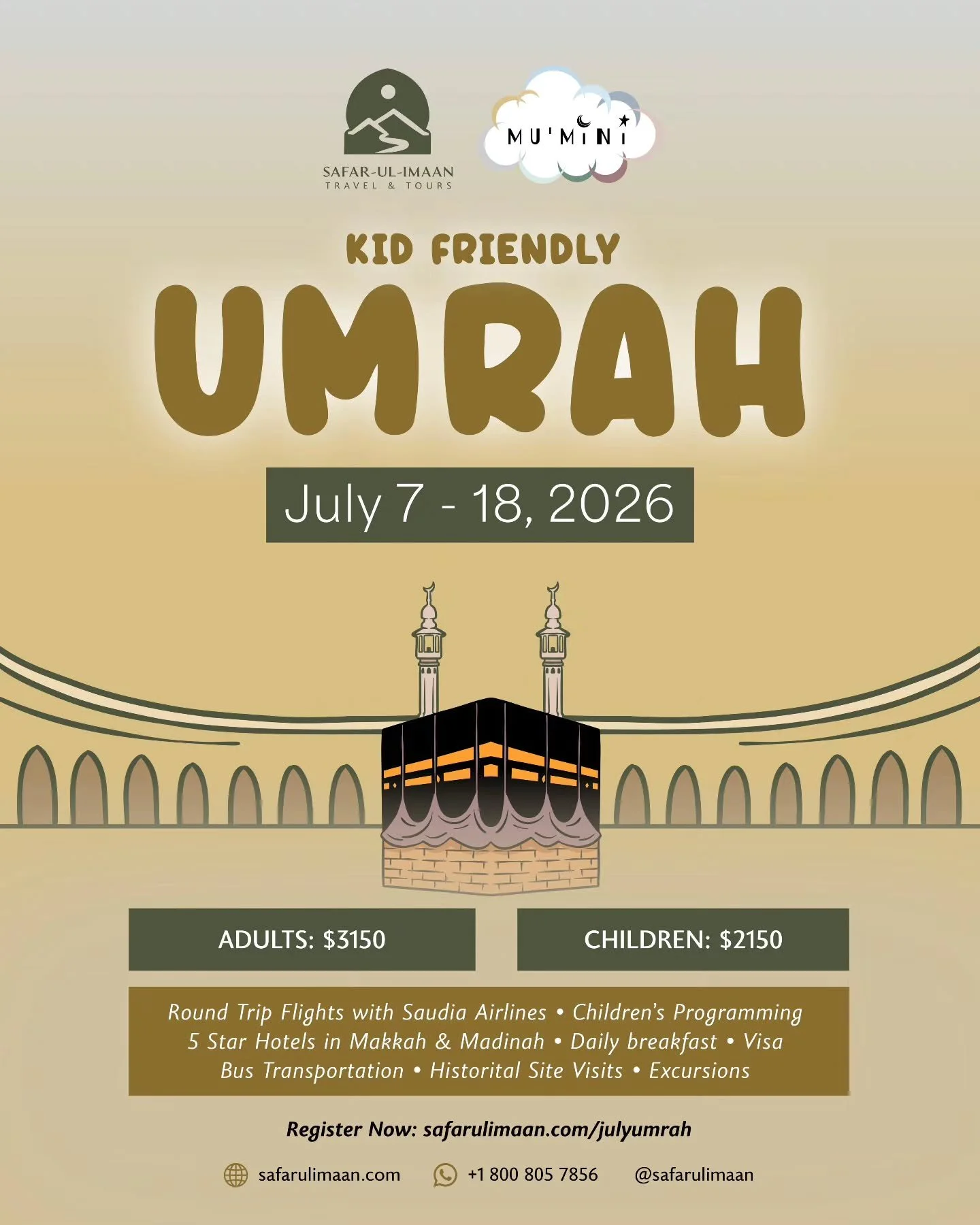 ✨ A Journey of Faith for the Whole Family ✨

Join us for a Kid-Friendly Umrah Experience designed with families in mind 🤍

From engaging children&rsquo;s programming to comfortable 5-star accommodations, this trip is crafted to make your spiritual j