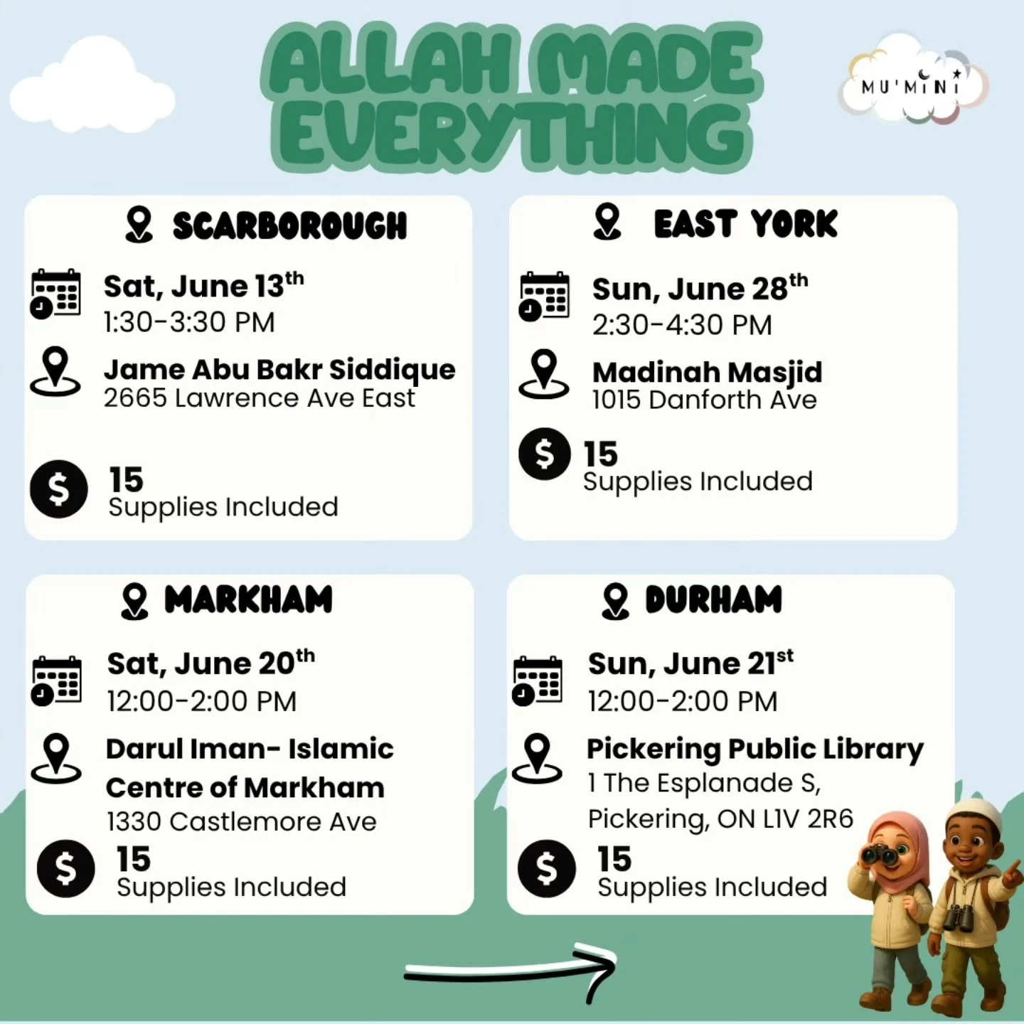 🌎✨ ALLAH MADE EVERYTHING! ✨🌎

Join us for a fun and engaging adventure as we explore the wonders of Allah&rsquo;s creation! Through interactive activities, learning, and discovery, children will deepen their appreciation for the beautiful world All