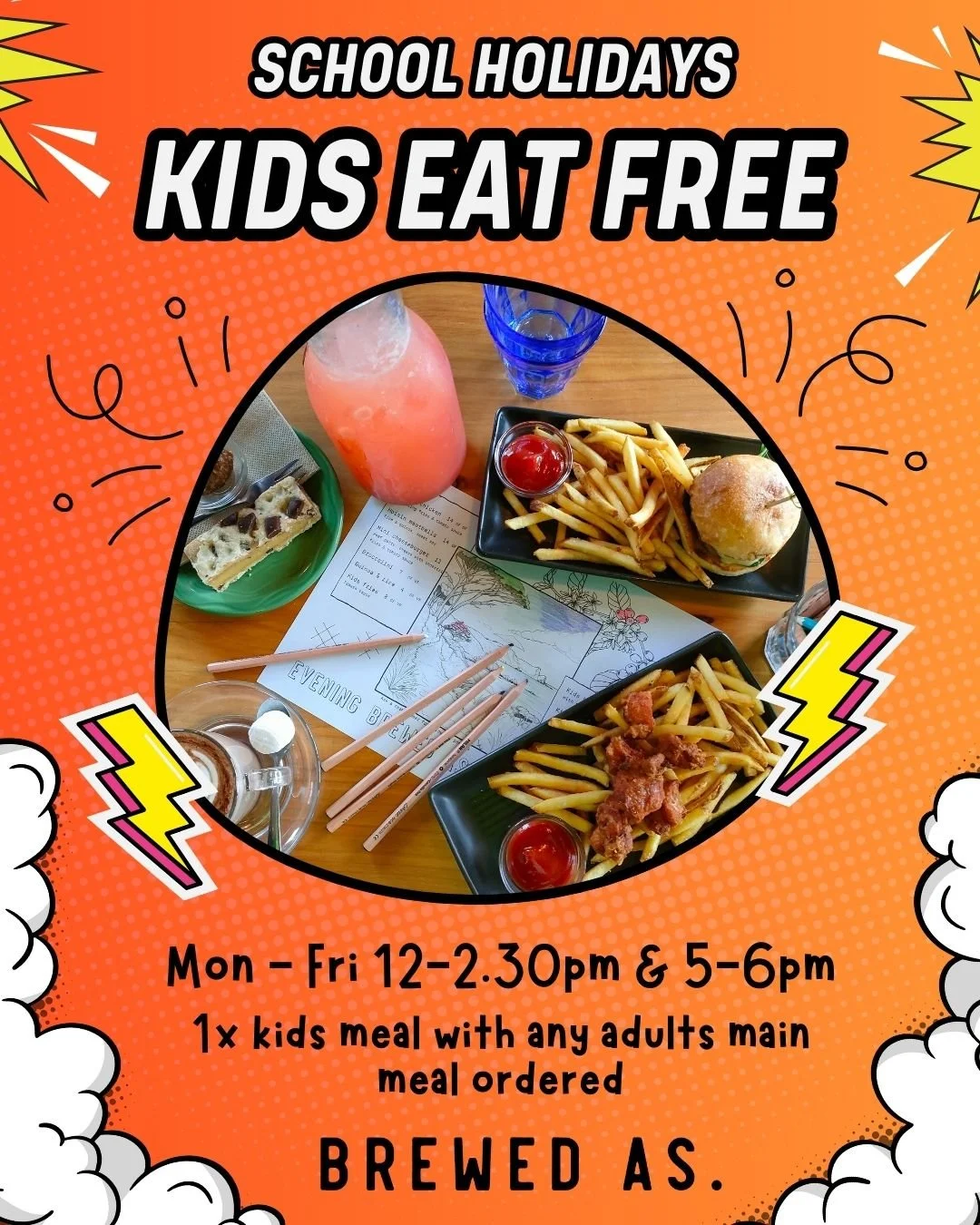 🌼 Last week of the holidays! 🌼
Don&rsquo;t forget we&rsquo;ve got this epic promo running:

✨ Free kids meal with every adult main
⏰ Weekdays only &mdash; 12&ndash;2pm &amp; 5&ndash;6pm
📅 Mon 29 Sept &ndash; Fri 3 Oct
🍴 Dine-in only, one kids mea