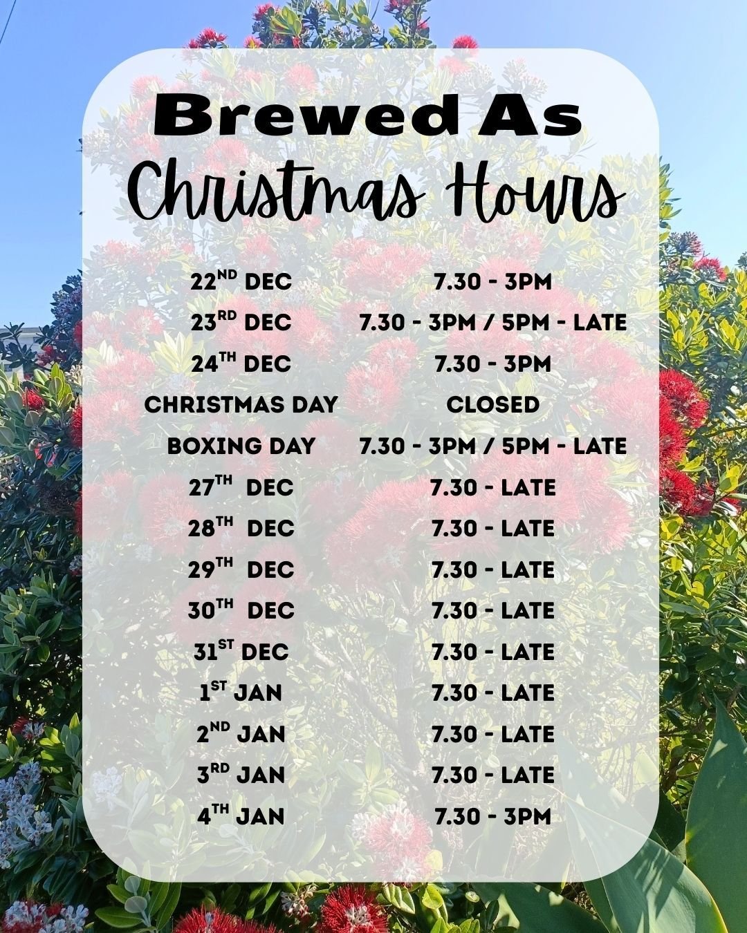 Our festive opening hours are here 
Check the image for full details 
We can't wait to see you all over the summer ahead