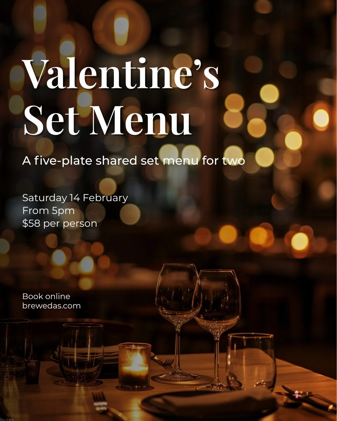 VALENTINE&rsquo;S SET MENU - SAT 14 FEB
We&rsquo;re running a special five-plate shared set menu for Valentine&rsquo;s night.
$58 per person (served shared - perfect for couples or groups of even numbers).
Available from 5pm.
We&rsquo;ll also be runn