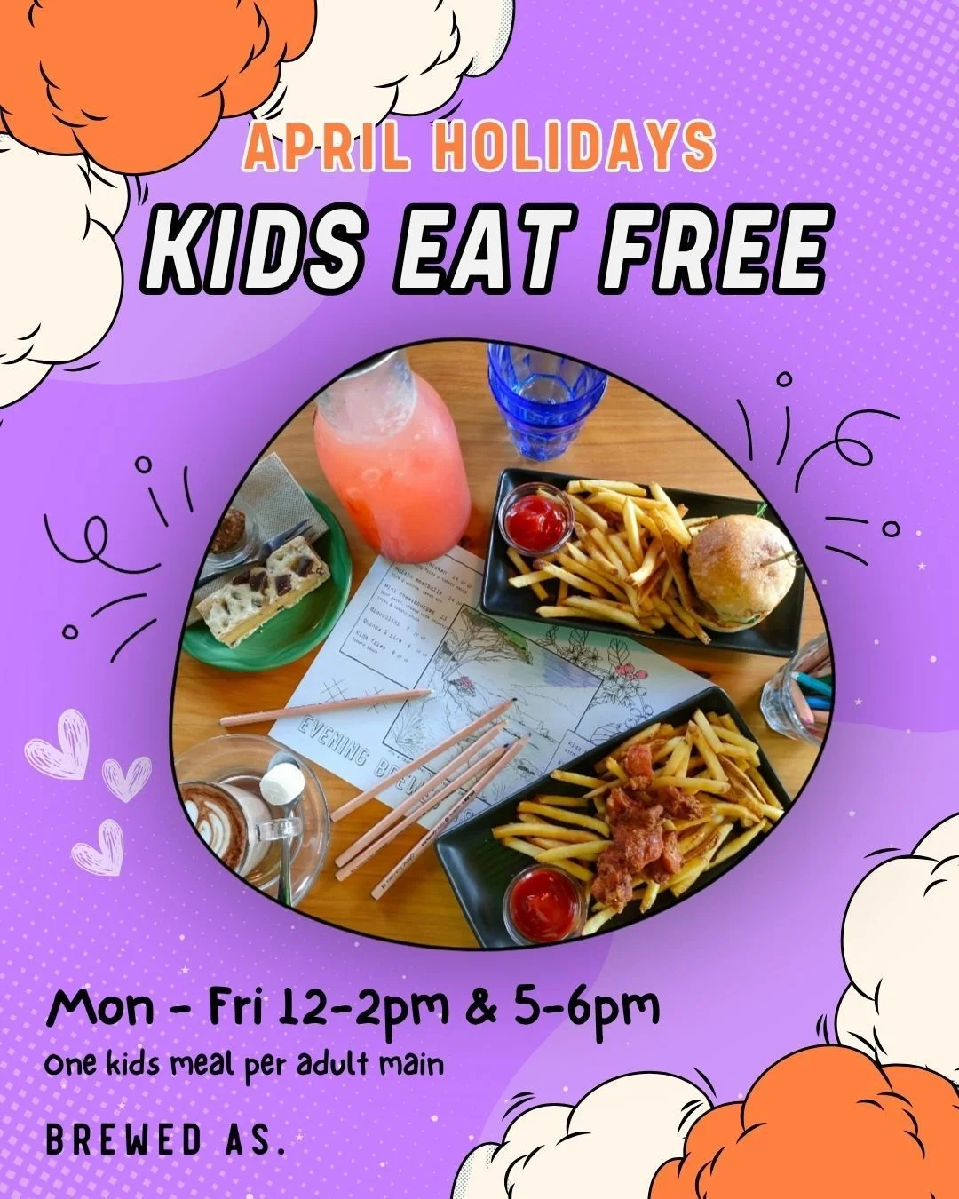 We are halfway through the Easter holidays, &amp; we know things have been feeling a bit stretched lately.

So we&rsquo;re making it a little easier.

Kids eat free with every adult main 
Weekdays, 12&ndash;2pm &amp; 5&ndash;6pm.

Bring the whānau, &