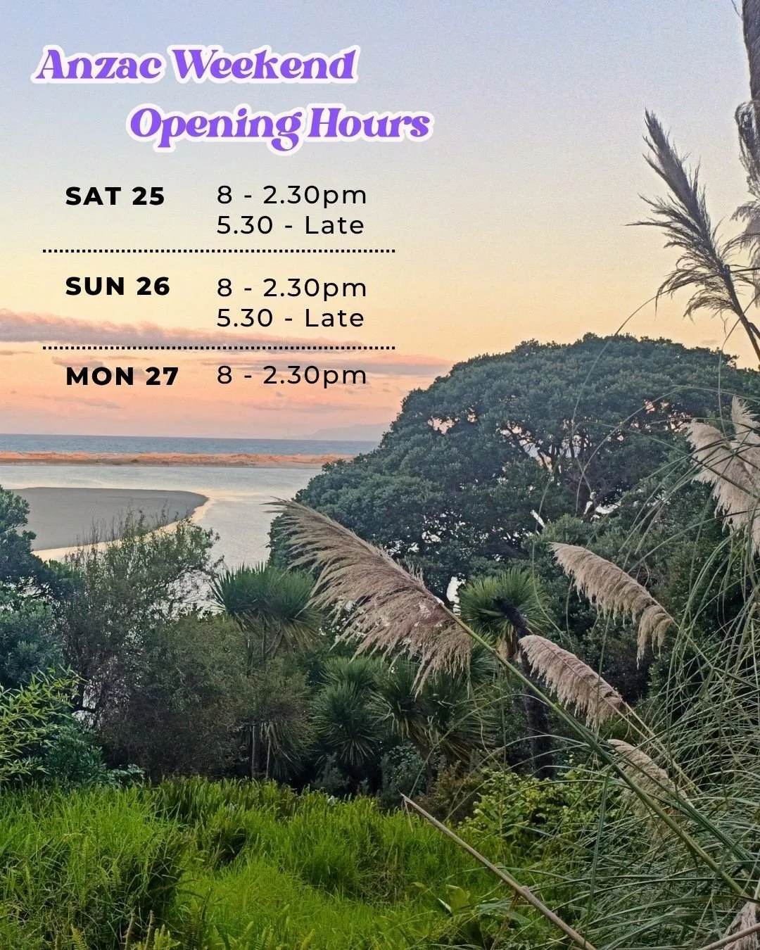 Here's what we're doing over Anzac Weekend 🙌

We're open a little differently over the long weekend, including an extra evening on Sunday, so you can make the most of it. 

Whatever your plans, we'd love to be part of them. Book ahead or walk in, we