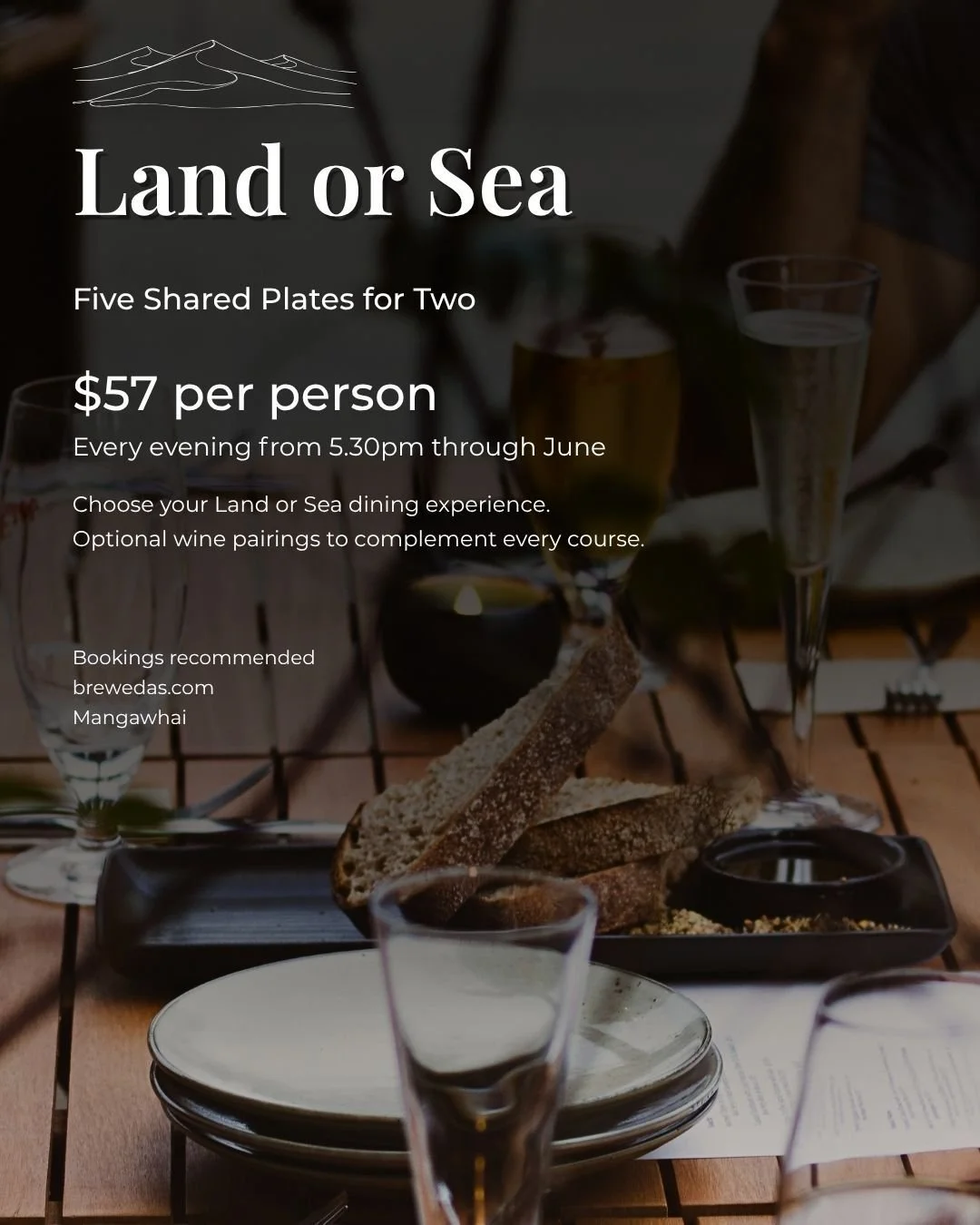 We love menus that encourage people to slow down, share a table, and try something new.
This winter we've created Land or Sea: 

A five-plate shared dining experience for two, inspired by the produce, flavours and hospitality we love most.

Whether y