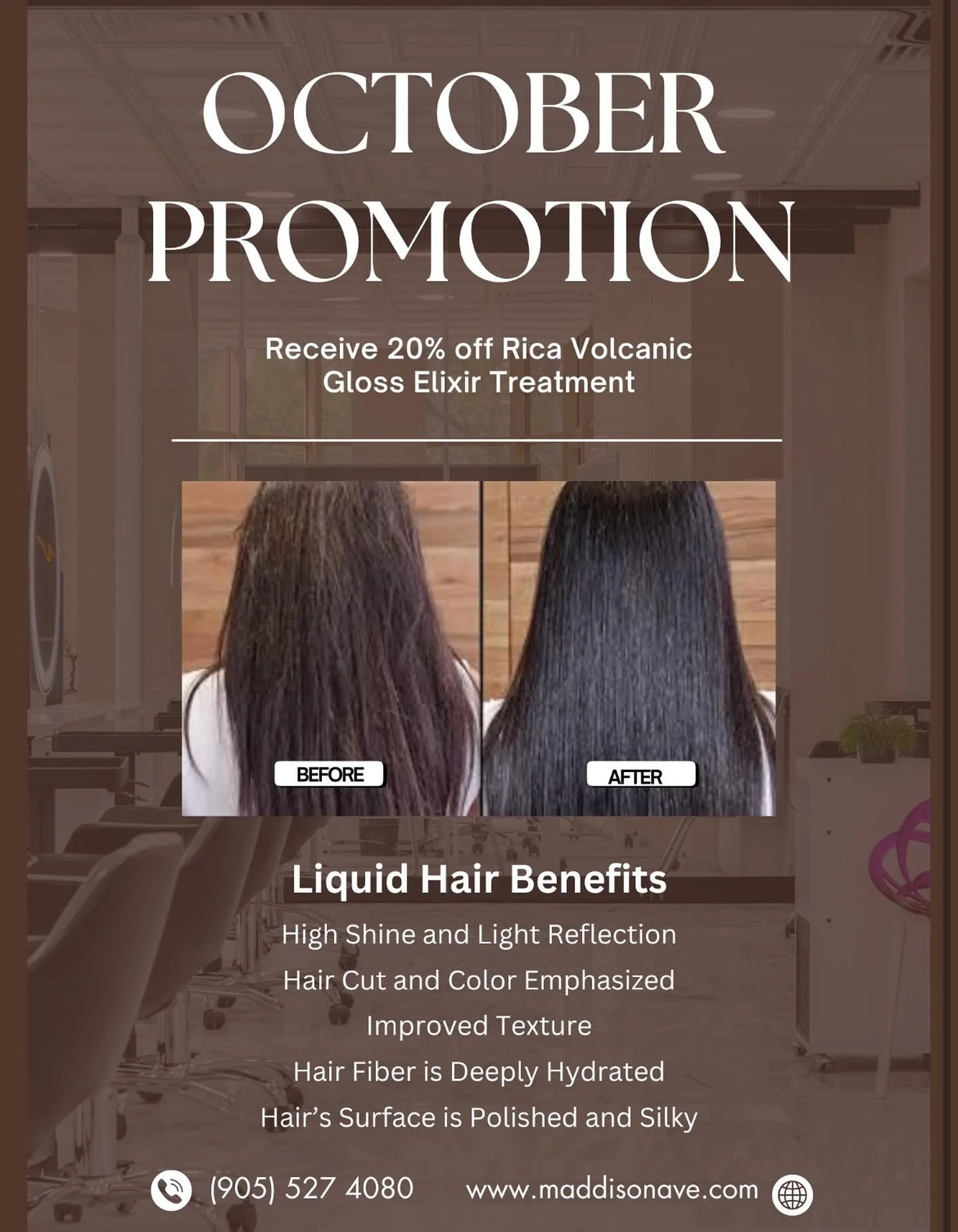 New month, new promo! Our Rica Volcanic Gloss Elixir Treatment has been a salon favourite😍 Enjoy 20% off this month! Book now, spots are gonna fill up quick! 
&bull;
&bull;
&bull;
📞 (905) 527-4080
🖥️ www.maddisonave.com
📩 DM

#hair #wedding #styl