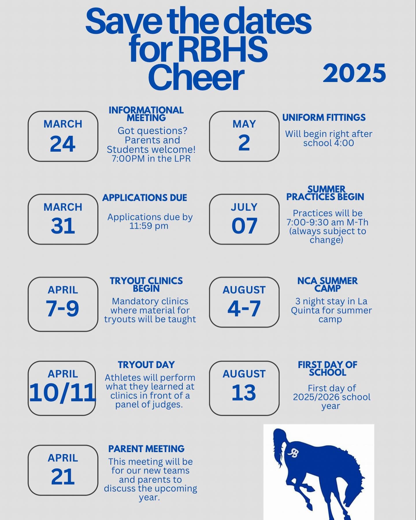 New date added for tryouts. We will now be holding tryouts Thursday 4/10 and Friday 4/11. Keep your eyes out for times coming very soon. Any questions could be sent to ranchobernardocheerleading@gmail.com