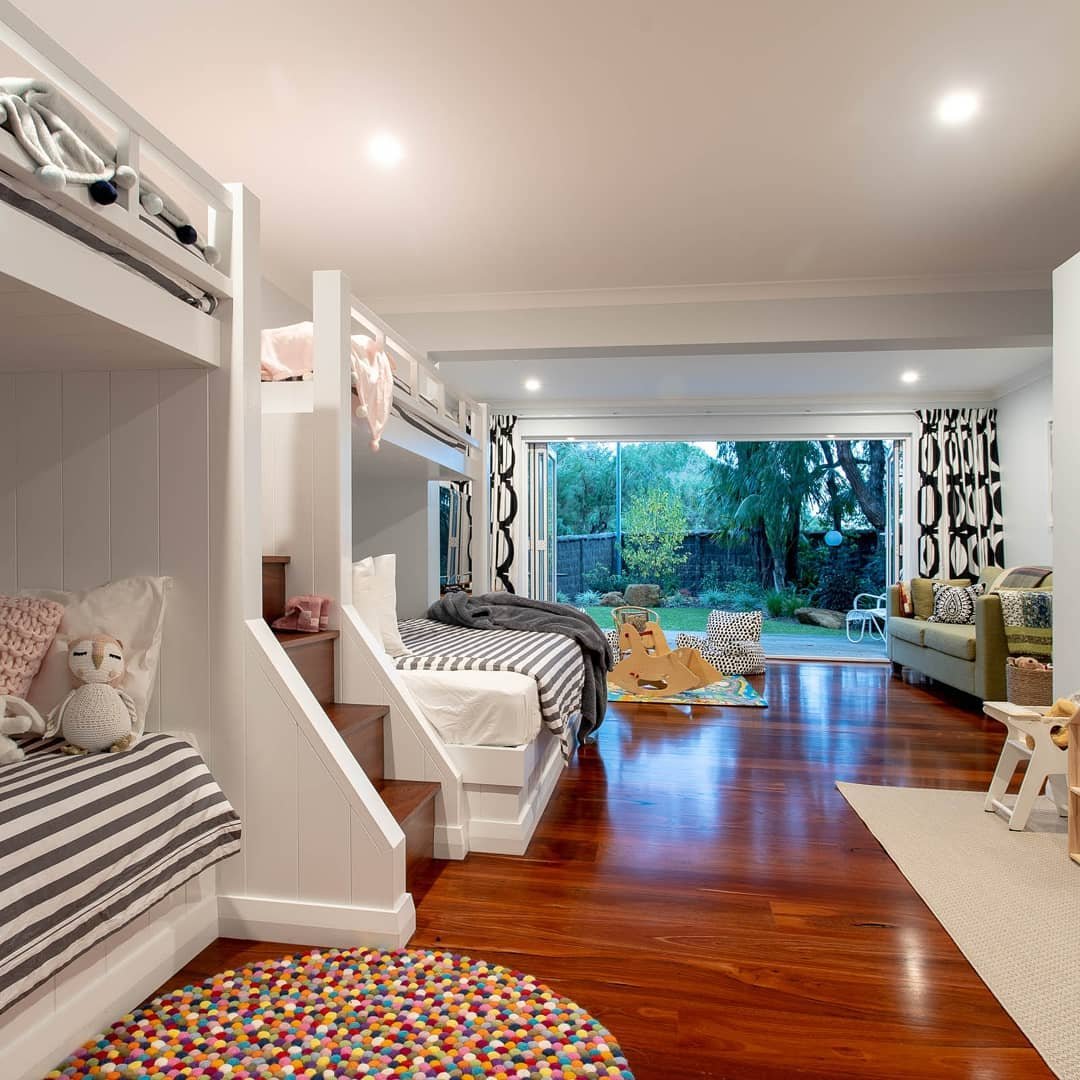 This custom-built bunk room was designed with both play and practicality in mind. Built-in stairs, clever storage, and clean lines give the space a sense of order, while warm timber floors and playful styling keep it inviting for little ones.

It&rsq