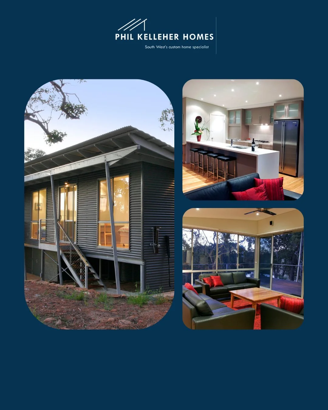 Set into bushland in Quindalup, this home is designed to work with the site rather than reshape it.

A steel frame provides durability and bushfire resilience, suited to local conditions. The footprint follows the natural contours, allowing existing 