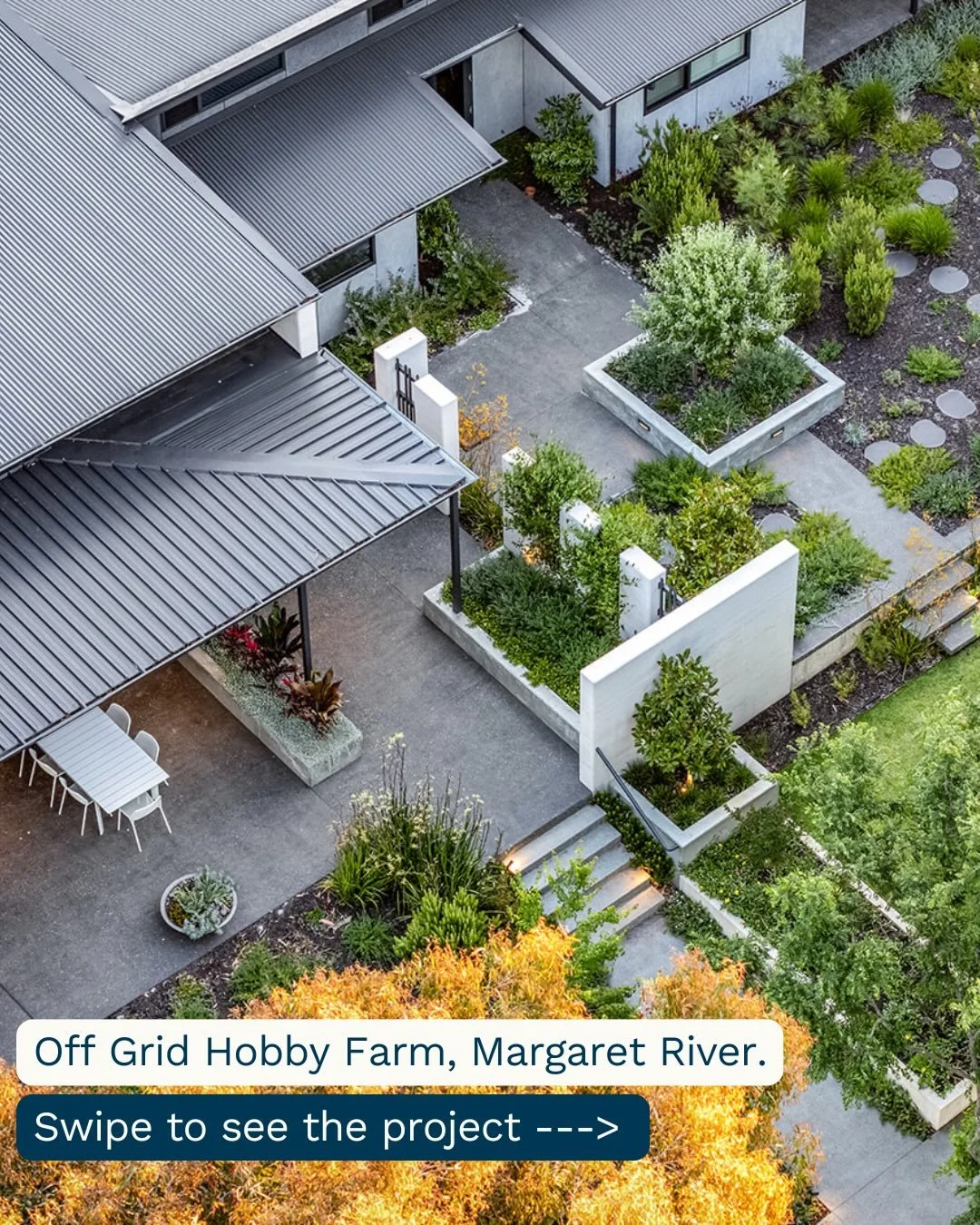 A north-facing courtyard, vineyards on the boundary, and 120 acres of private Margaret River bushland.
This off-grid hobby farm was positioned around the land first with its outlook, its conditions, and how the owners wanted to live on it. Entirely o
