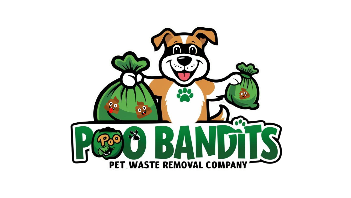 Logo of "Poo Bandits" pet waste removal company featuring a cartoon dog holding two green bags with smiling poop emojis, text below says "Pet Waste Removal Company."