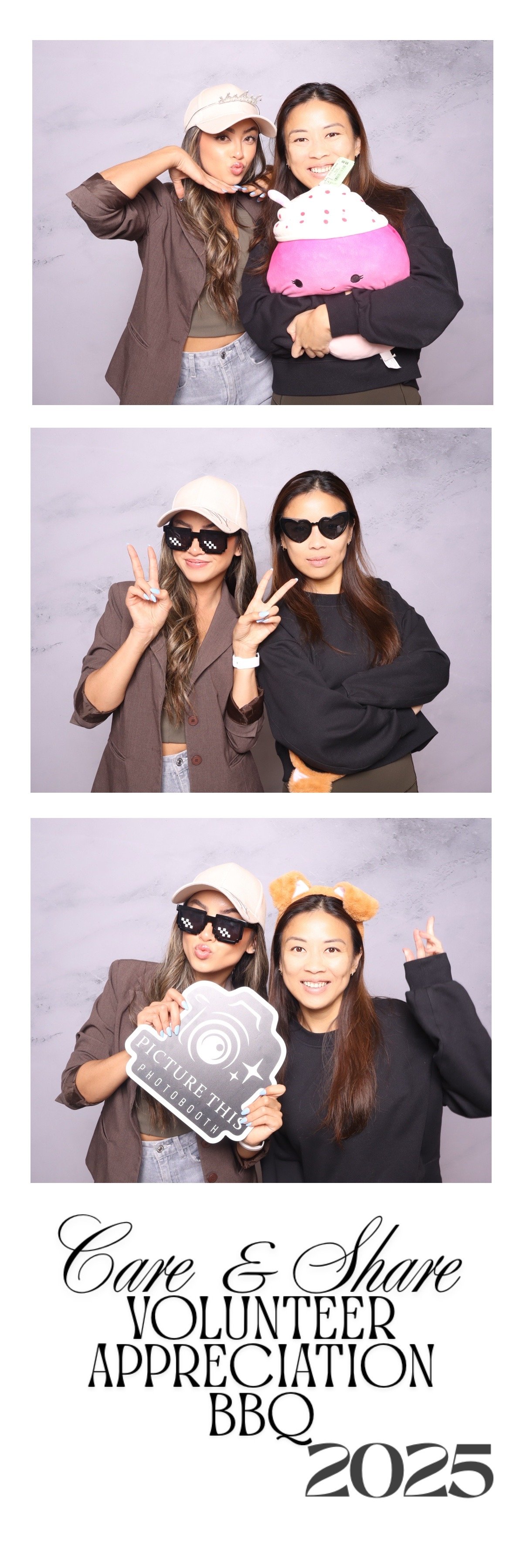 Three women at a volunteer appreciation BBQ in 2025 taking fun photos. They wear sunglasses and playful accessories, and one holds a sign that says "Picture this." The women pose with various playful gestures, and the bottom of the image features tex