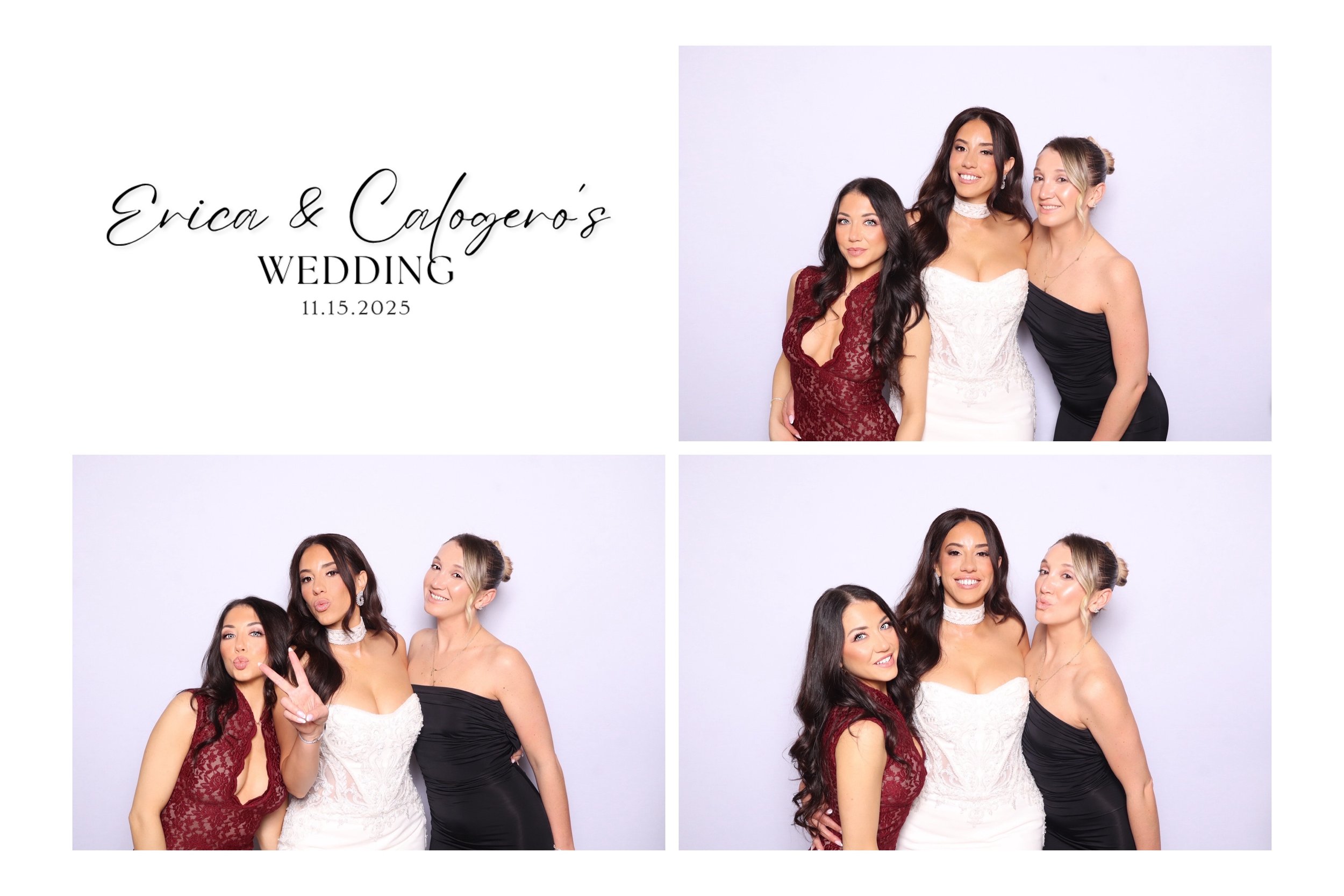 A wedding photo collage featuring three women in formal dresses at Erica and Calogero's wedding on November 15, 2025, with one group shot and two playful poses against a light purple background.