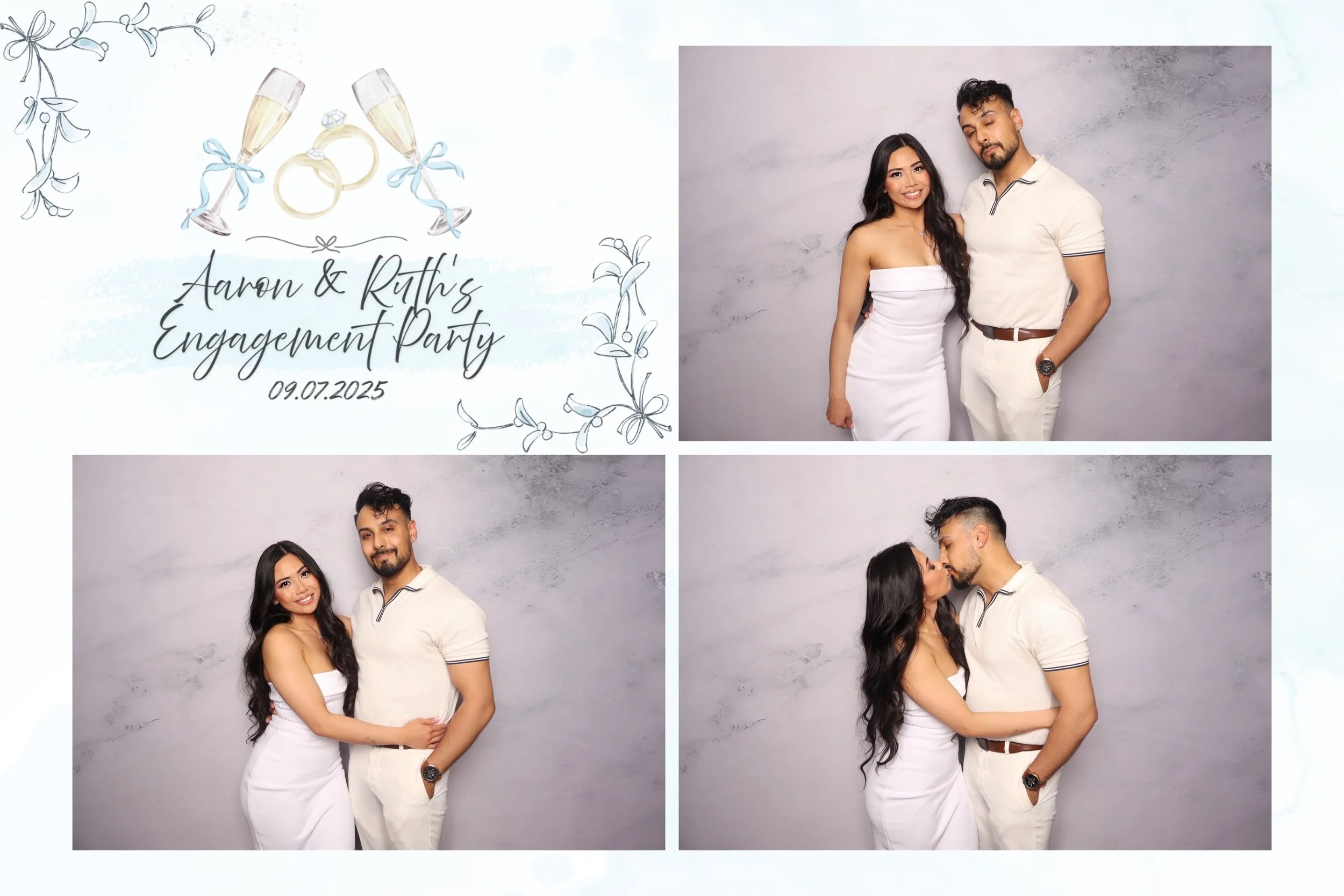 A collage for Aaron and Ruth's engagement party with three photos of a couple and a festive invitation design. The invitation features two champagne glasses, wedding rings, and floral accents, with the text 'Aaron & Ruth's Engagement Party' and the d