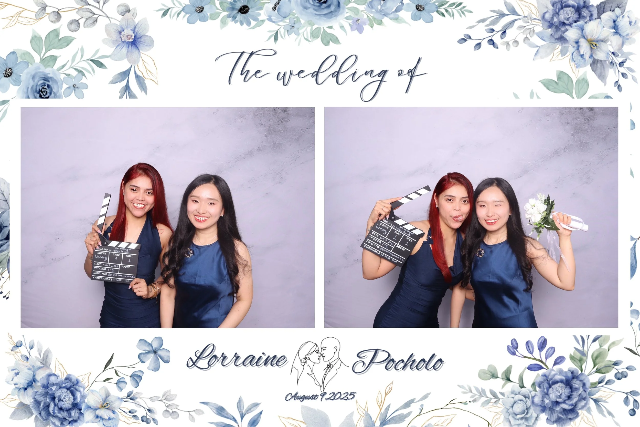 Two women at a wedding photo booth. The woman on the left has red hair and is holding a clapperboard. The woman on the right has black hair and is holding a bouquet of white flowers. The background is gray with a floral border at the top and bottom c