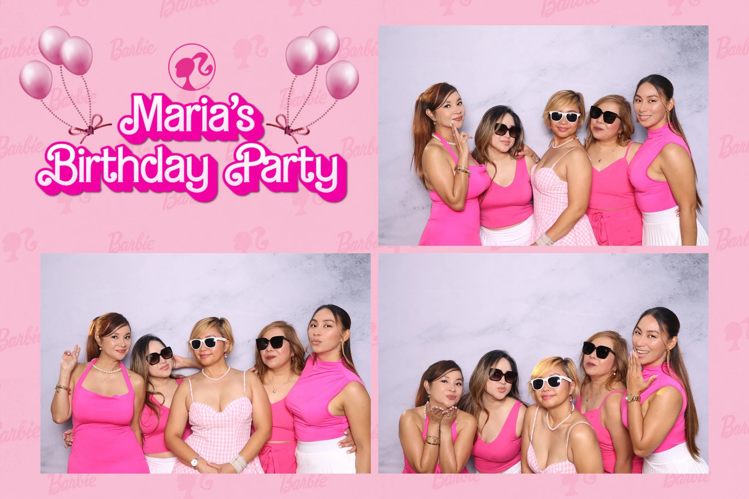 A collage of four photos from Maria's birthday party, featuring five women dressed in pink and white outfits, posing against a gray background. The top left corner has a pink background with the text 'Maria's Birthday Party' and balloon graphics.