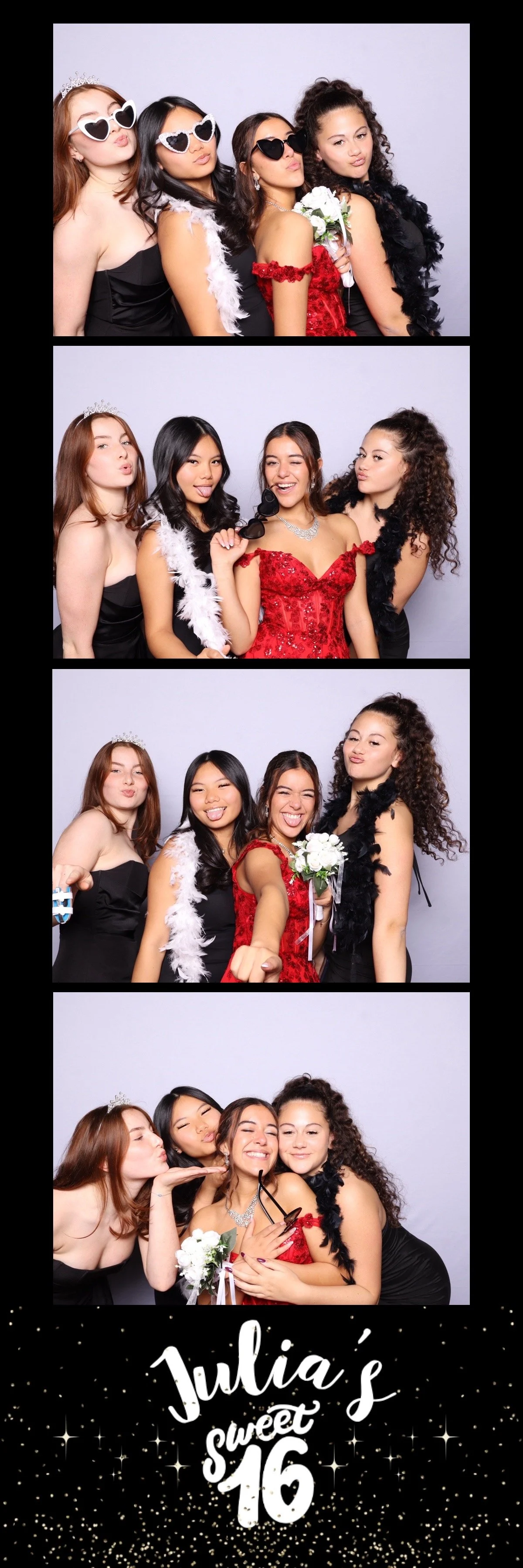 A photo booth strip of four pictures of four young women celebrating a 16th birthday. They are wearing formal dresses, some with feather boas, and sunglasses in various styles. They are posing playfully with each other, holding flowers and props. The