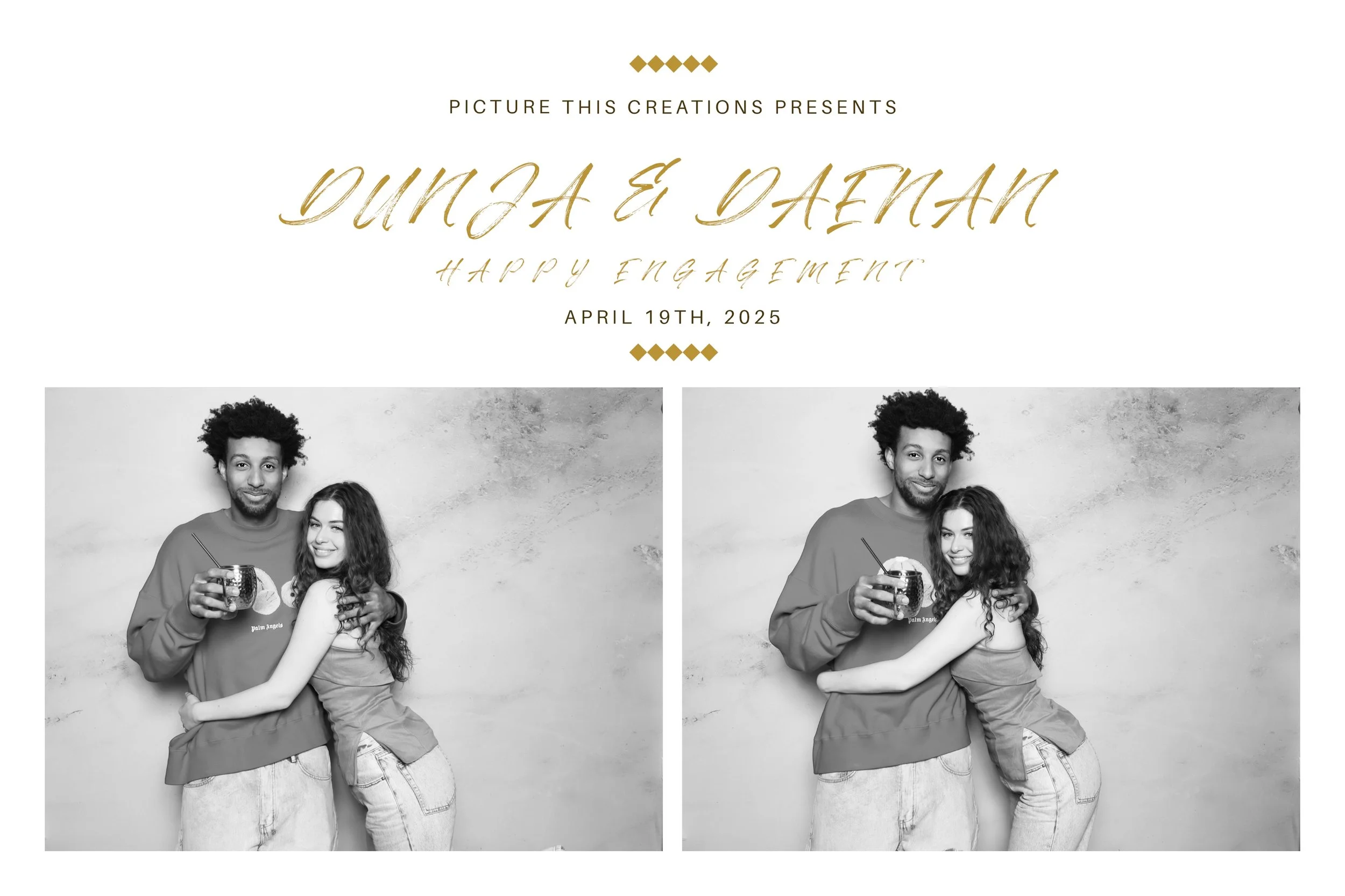 A wedding announcement design featuring black and white photos of a happy couple hugging, with event details and decorative gold accents.