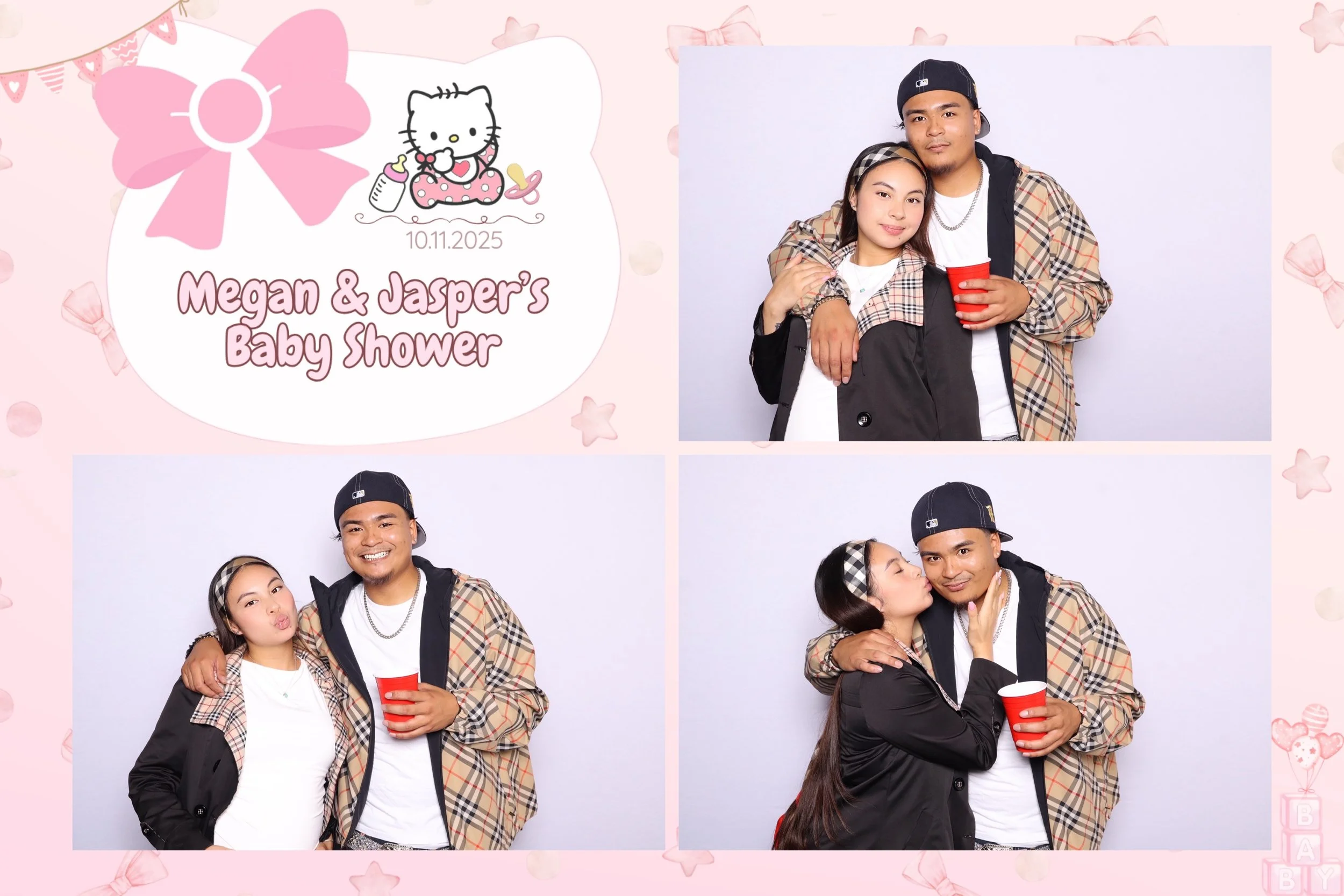 Photo booth pictures from Megan & Jasper's baby shower, featuring a young woman and man in casual clothes, with pink and white themed decorations, a Hello Kitty graphic, and the event date of 10.11.2025.