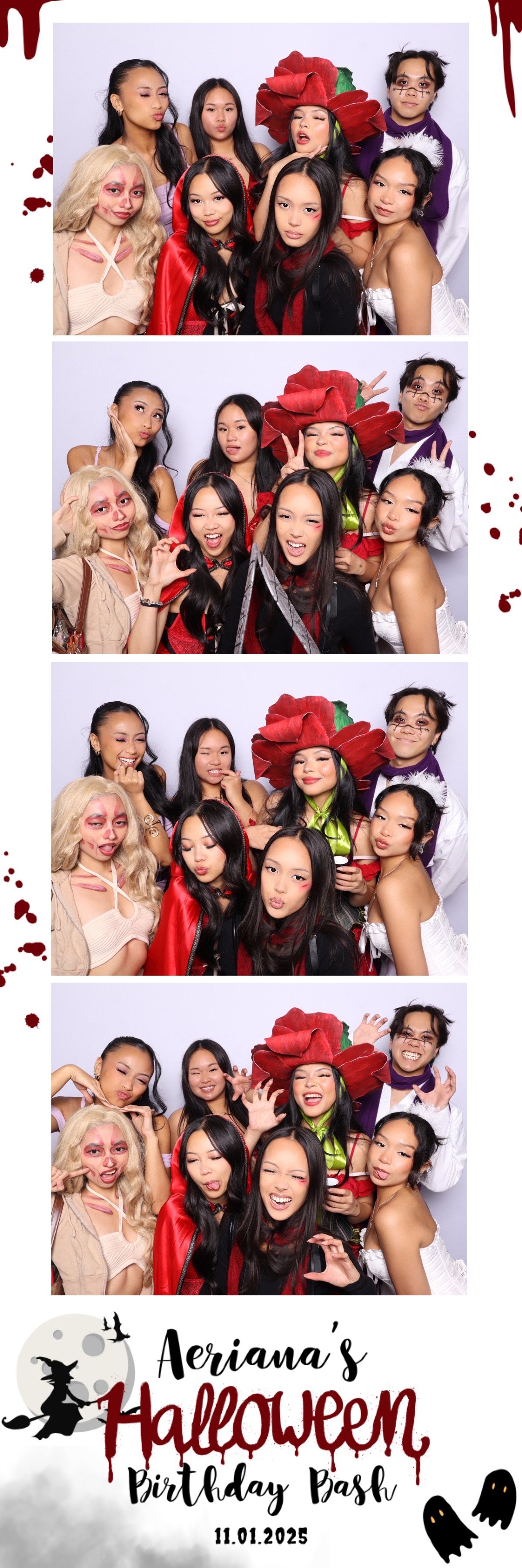 Photo booth strip from Halloween birthday party featuring seven young women in costumes, including a witch, vampire, and fairy, with a themed backdrop and event information.