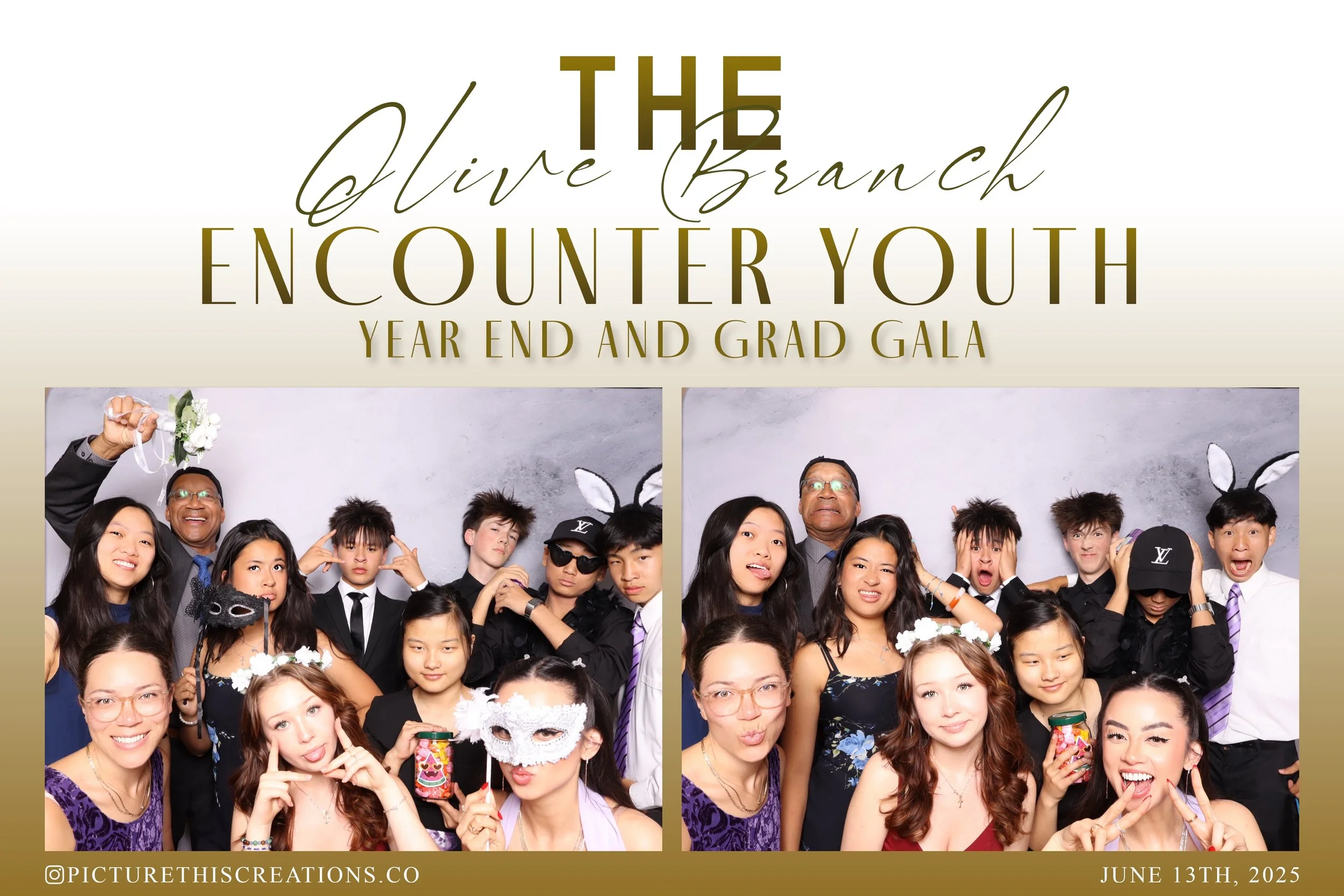 Photo collage of a group of young people and adults celebrating at a graduation and year-end event, with some wearing fun accessories like bunny ears and masks, and holding colorful jars, with a plain background and event details at the top.
