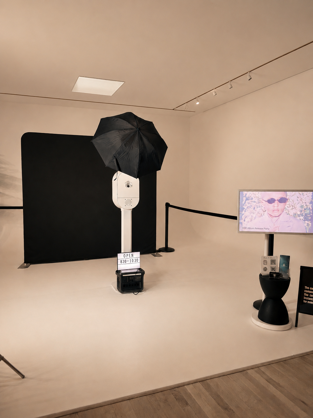 An art installation featuring a large black umbrella mounted on a white stand with a camera attached, in front of a black backdrop. There is a small sign with the hours '830-1030' and a black portable speaker on the floor. To the right, a digital scr