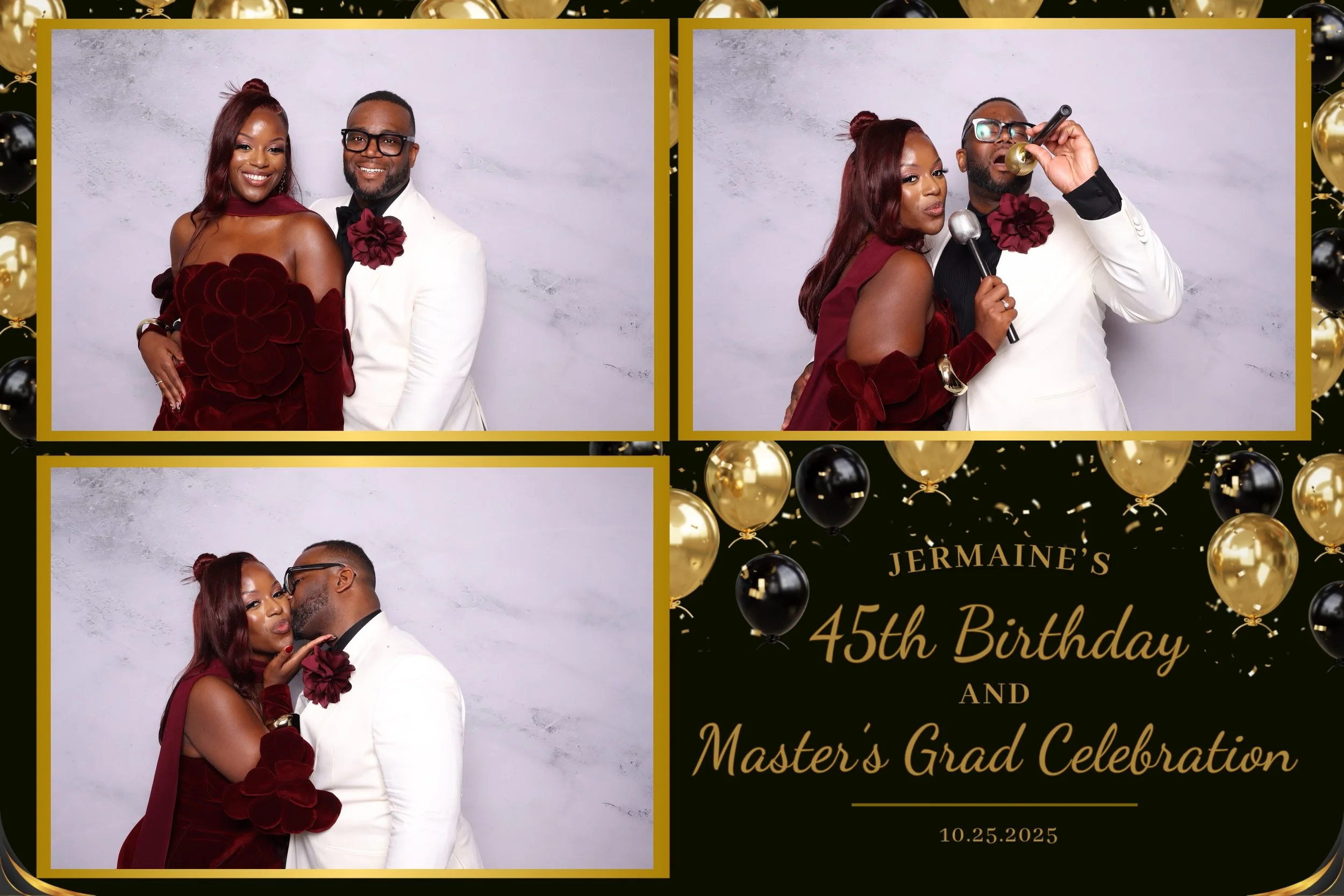 Three photos of a couple celebrating at Jermaine's 45th birthday and master's graduation party on October 25, 2025. The couple is dressed in formal attire with the woman in a red velvet dress and the man in a white tuxedo with a maroon bow tie and fl