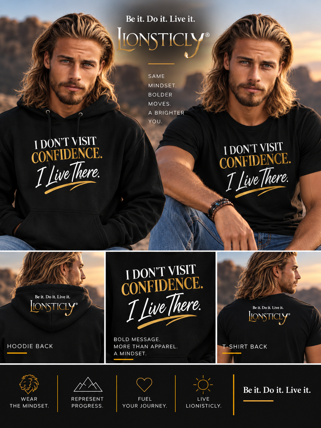 Man modeling the black Lionisticly® “I Don’t Visit Confidence. I Live There.” statement hoodie and T-shirt.