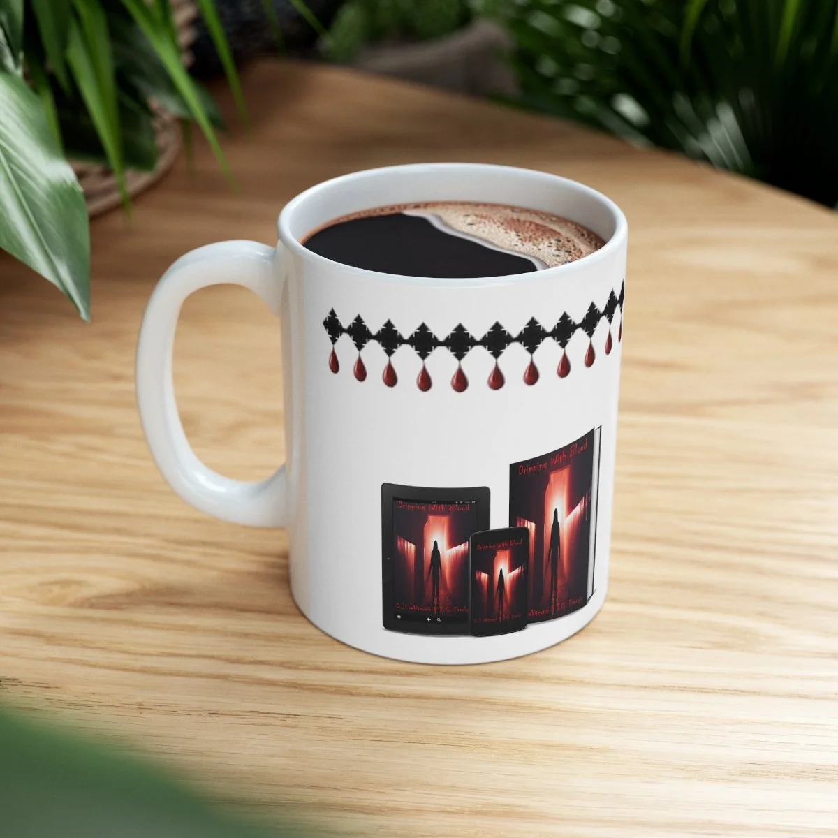 White ceramic mug with a dark pattern, filled with black coffee, placed on a light wooden table with green plants in the background.