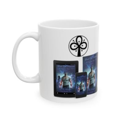 White mug with black circular symbol and images of electronic devices displaying a video game cover.