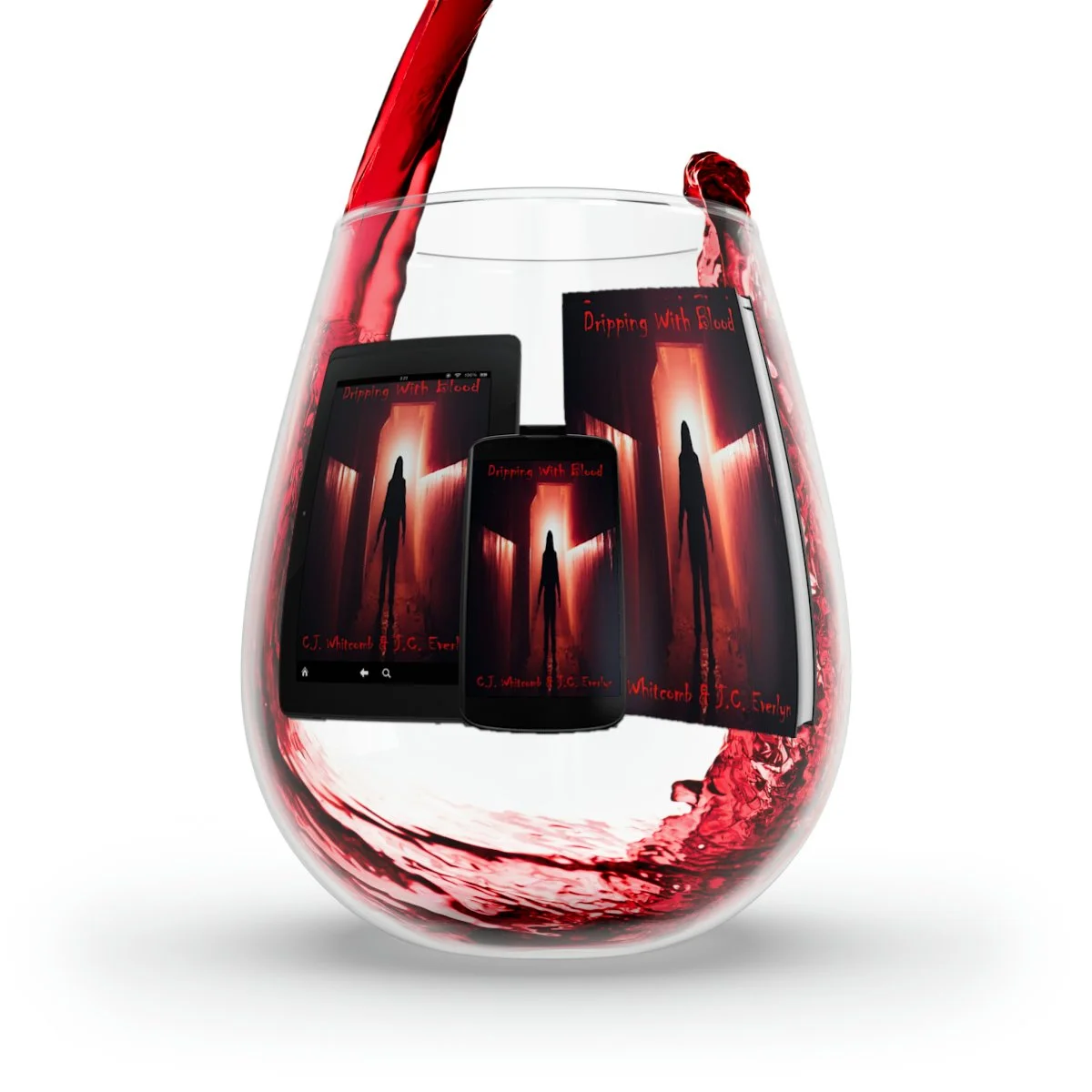 A glass of red wine with three electronic devices (smartphone, tablet, and e-reader) floating inside it, displaying the book cover for "Dripping With Blood."