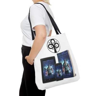 Person wearing a white shirt and black pants carrying a tote bag with a graphic of three electronic devices and a black butterfly logo.