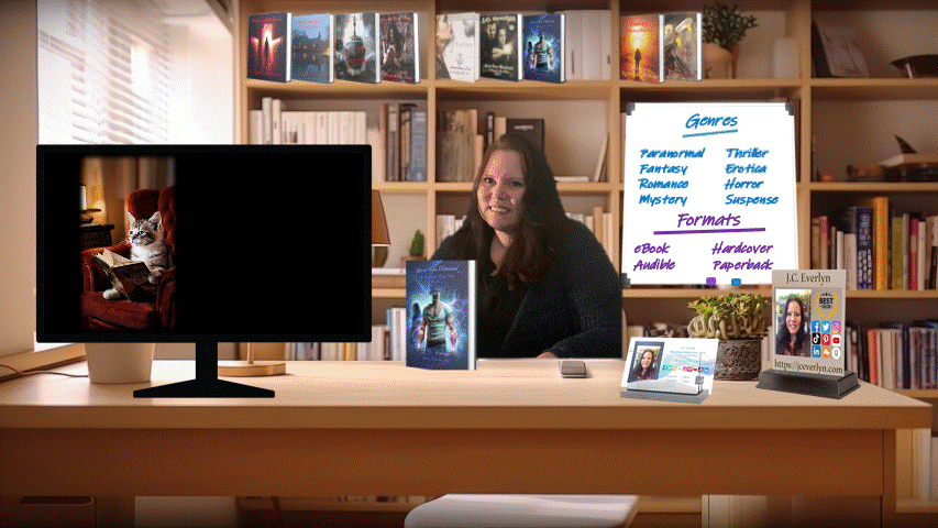 A woman in a bookstore or library with a whiteboard listing book genres and formats, a computer monitor showing a cat reading, and a table displaying a book, business cards, and a desk nameplate.