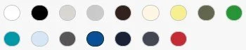 Row of colored dots including black, dark brown, tan, yellow, olive green, green, light blue, gray, navy blue, dark gray, red, and orange.
