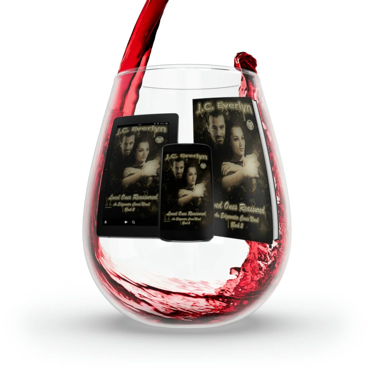 A glass of red wine with digital devices displaying a book cover inside the glass.