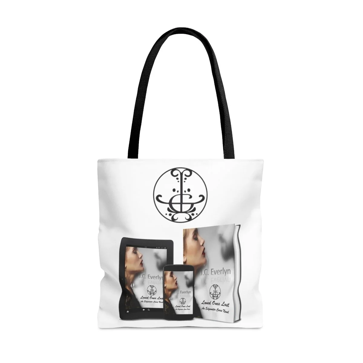 White tote bag with black handles, displaying a book, tablet, and smartphone cover featuring an artistic profile of a woman and the text "Loved Ones Lost" by J.C. Everlyn.