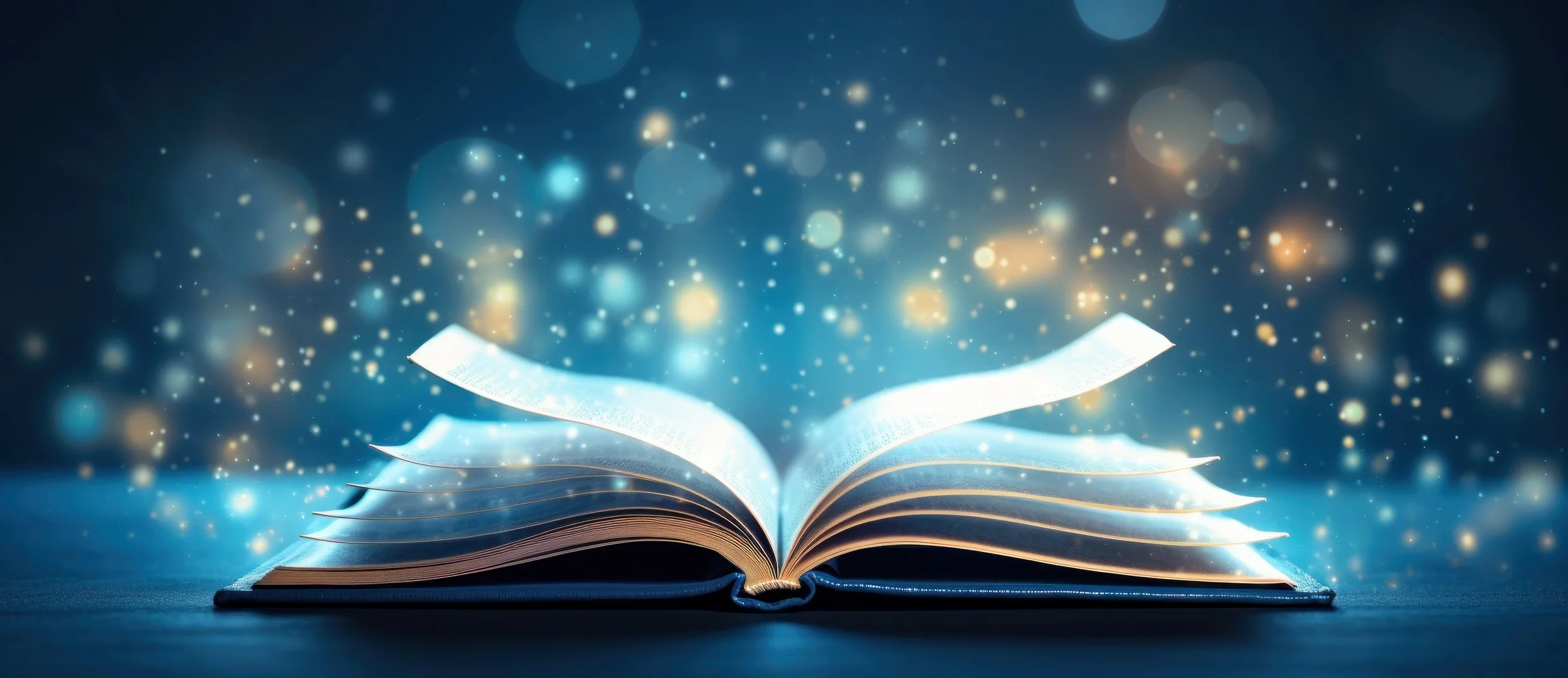 An open book with glowing pages and floating sparkles, set against a dark background.