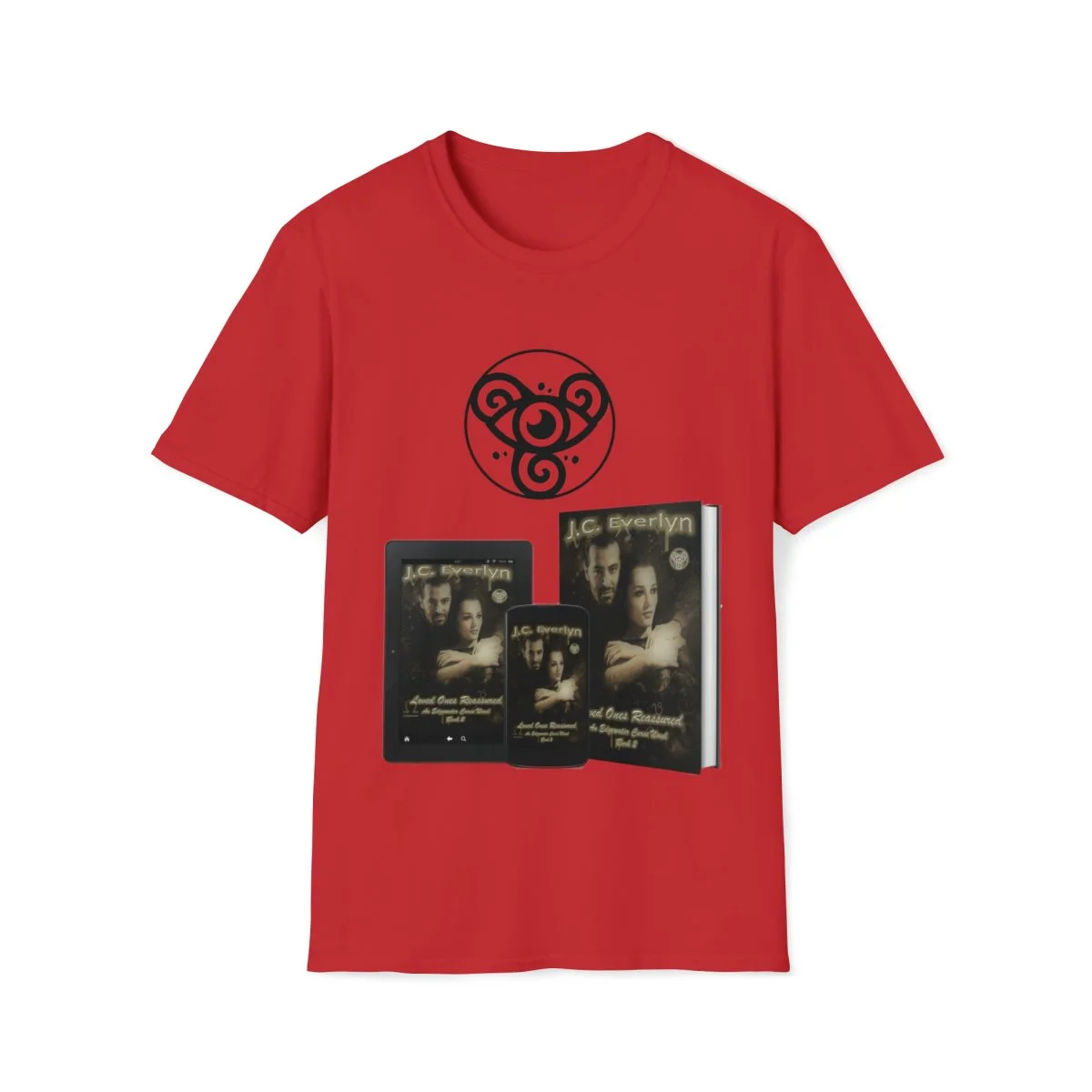 Red T-shirt with black abstract circular symbol on the chest and a graphic of three book covers featuring dark images of a man and woman with the author's name, J.C. Everlyn, and the titles.